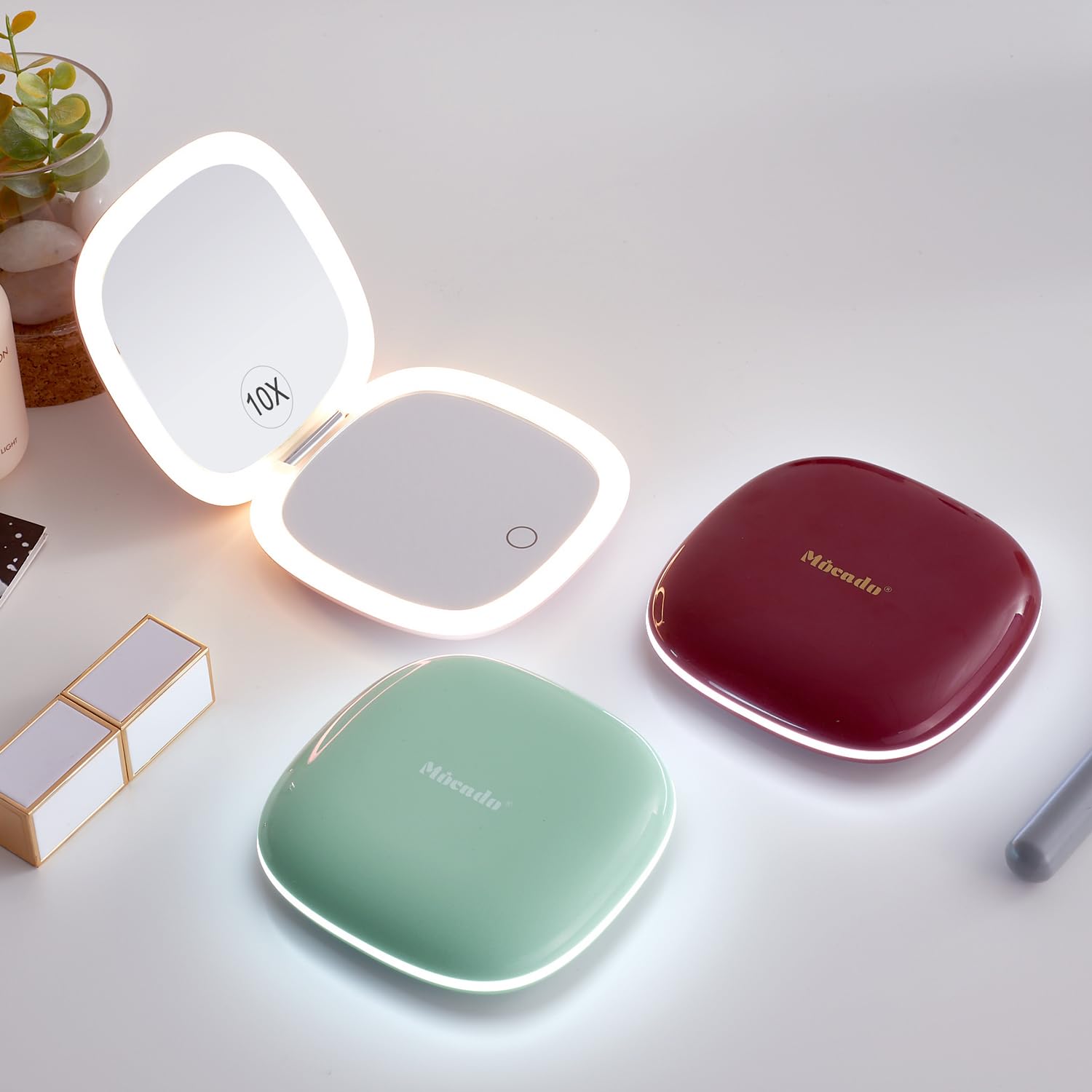 Mocado 4-Inch Compact LED Travel Makeup Mirror - 1X/10X Magnification with Dimmable Dual-Sided Lighting, USB Rechargeable Portable Mirror for Purse, Pocket & Travel | Perfect for Home, Office, Hotel & On-the-Go Makeup (Powdery Green)