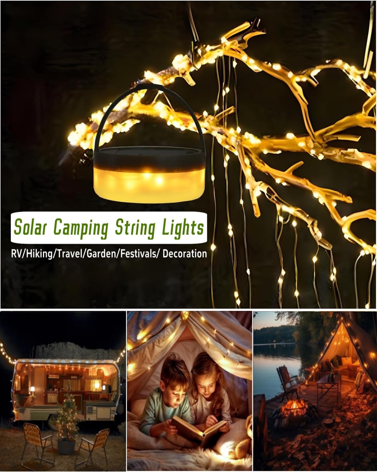 Solar Powered Camping String Lights - 39.4FT 150LED Waterproof Fairy Lights with Remote Control | USB Rechargeable Outdoor Tent Lantern for Hiking, Backyard, Garden & Patio Decor | Perfect for Camping, Picnics & Outdoor Parties