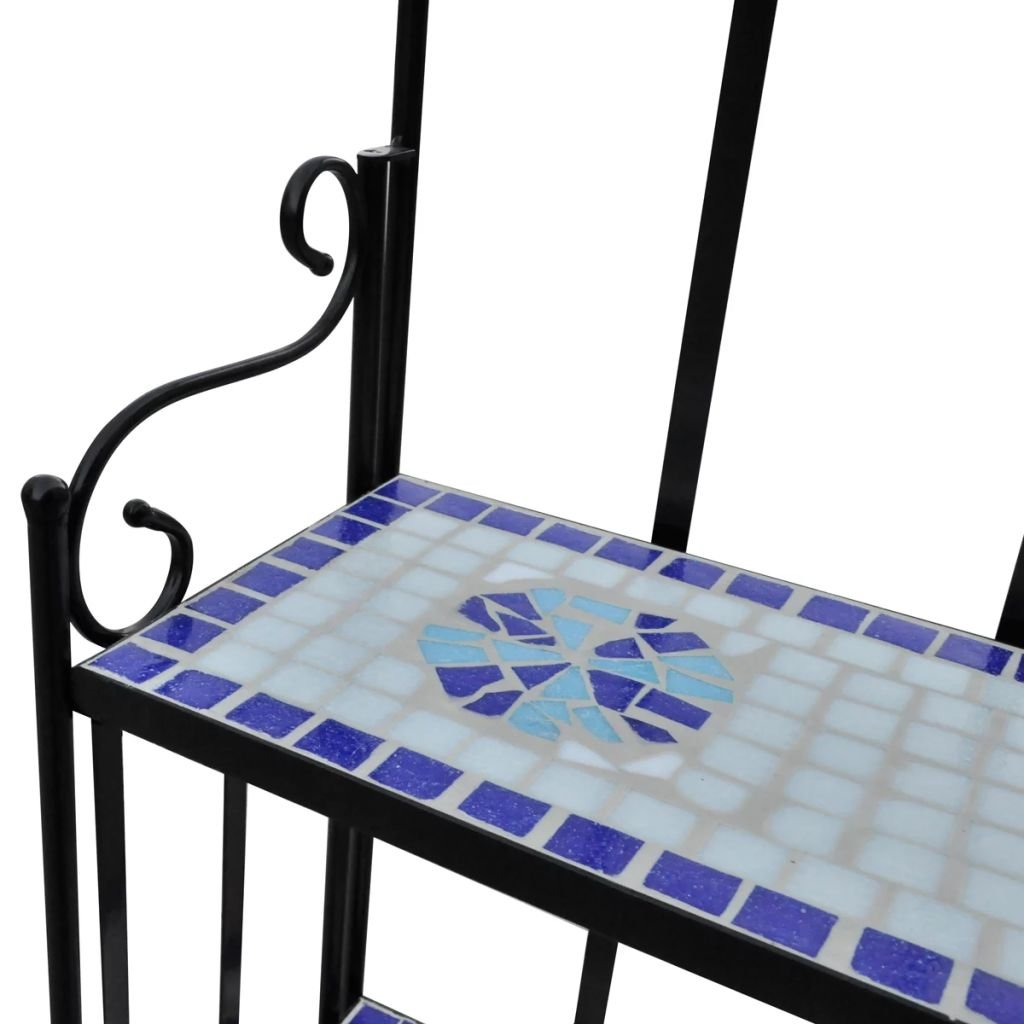 Tidyard Blue and White Iron Plant Stand with Ceramic Tile Shelves - 22.8