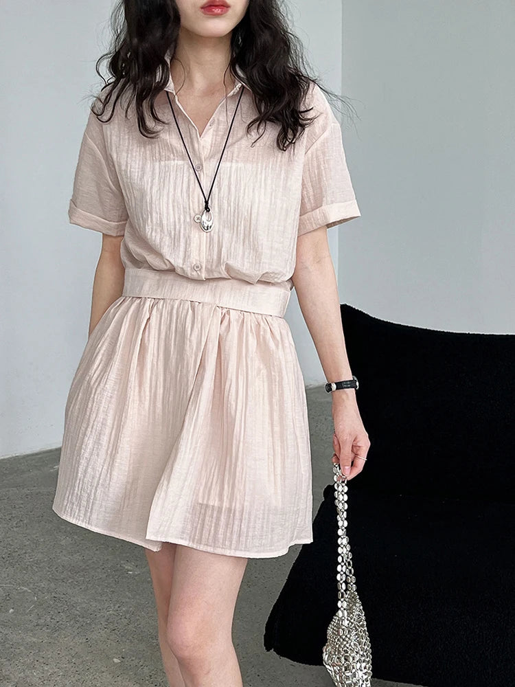 Beige Women's Two-Piece Suit Set - Thin Half Body Skirt & Lapel Short Sleeve Shirt | Spring Summer 2025 Fashion Trend | Office Wear, Casual Outfits, Party Dresses (Style 1DJ1239)