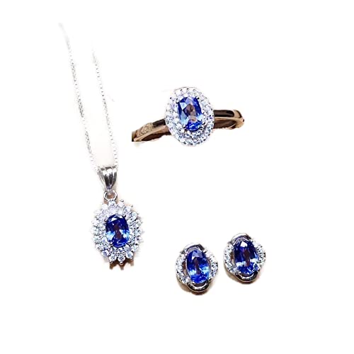 Natural Sapphire Jewelry Set - September Birthstone - 18K White Gold Plated Silver Earrings, Pendant & Ring for Women | Elegant Gift for Anniversary, Birthday & Special Occasions