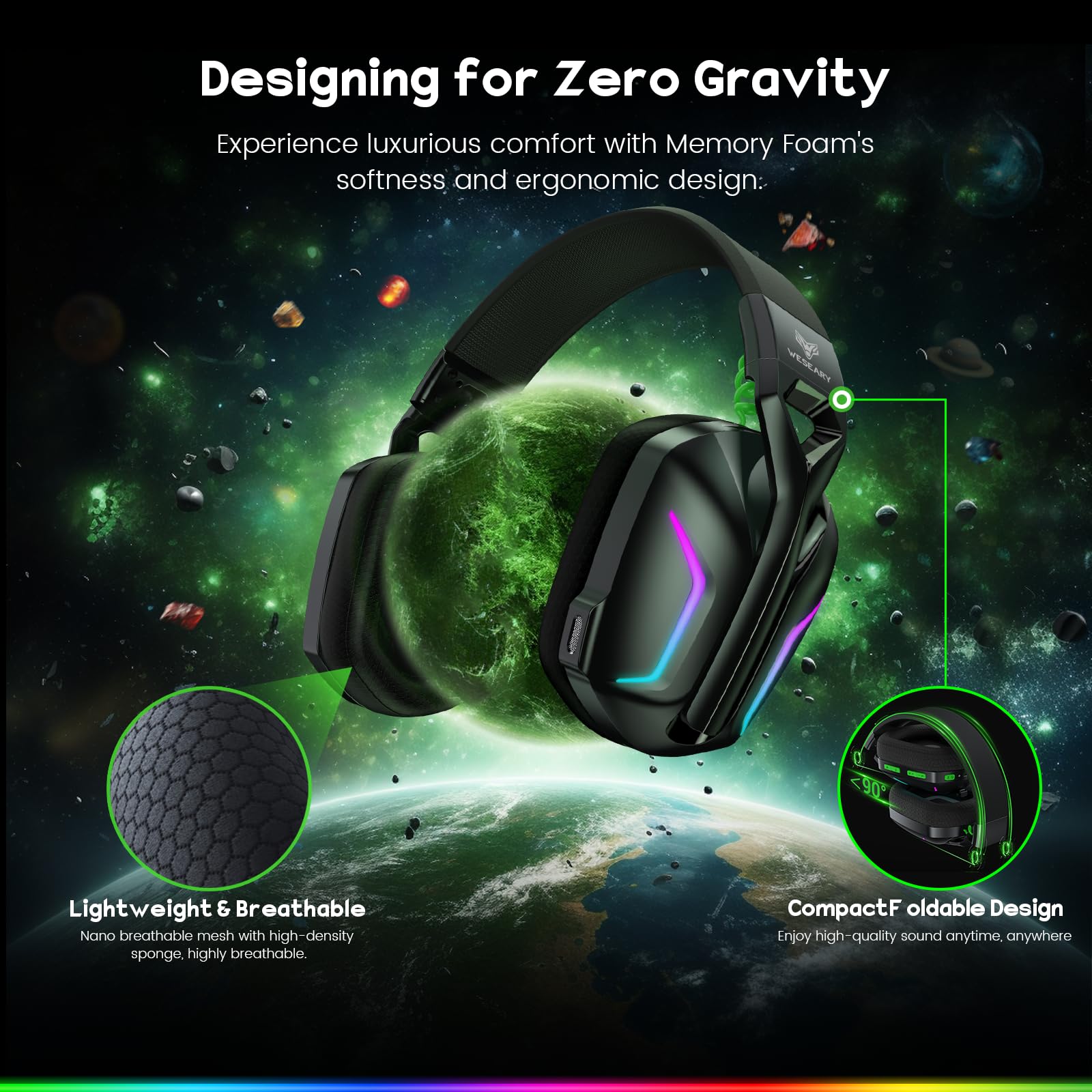 WESEARY 7.1 Wireless Gaming Headset with Microphone - Compatible with PS4, PS5, PC, Nintendo Switch & Mac | 2.4GHz Bluetooth Headphones, Crystal Clear Mic, 50H Battery Life, RGB Lighting | Perfect for FPS, RPG & Online Gaming Sessions