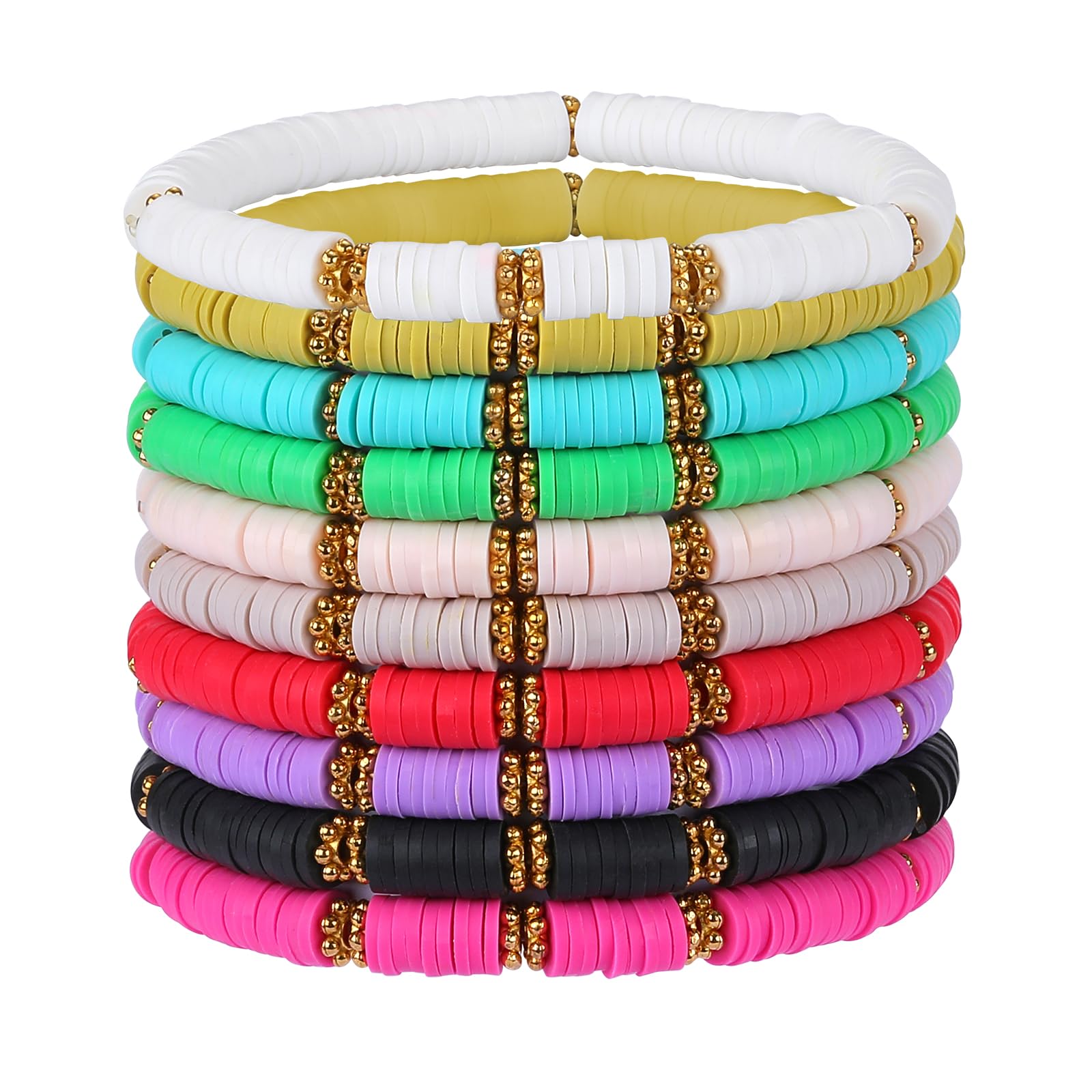 Ornaland 10 Pcs 10 Colors Heishi Surfer Stretch Bracelet Set - Polymer Clay Beaded Bohemian Jewelry for Women - Perfect for Summer, Beach, Festival & Boho Fashion Accessories