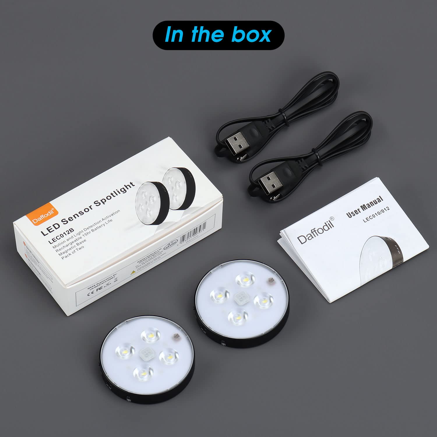 Rechargeable Motion Sensor LED Night Light for Closet, Hallway, Bathroom, Bedroom & Kitchen - Energy Saving Round Black Nightlight (2 Pack) - Perfect for Kids Rooms, Stairs Safety & Elderly Care at Night