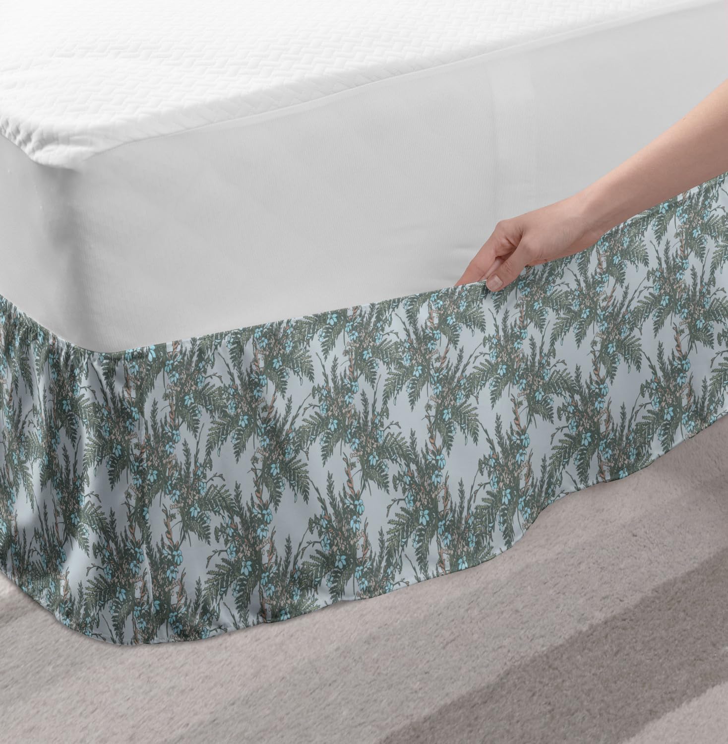 Ambesonne Floral Bed Skirt - Blooming Spring Leaves & Flowers Foliage Wrap Around Elastic Bedskirt | Gathered Design for Full Size Bed | Pale Blue & Reseda Green | Perfect for Bedroom Decor & Home Styling