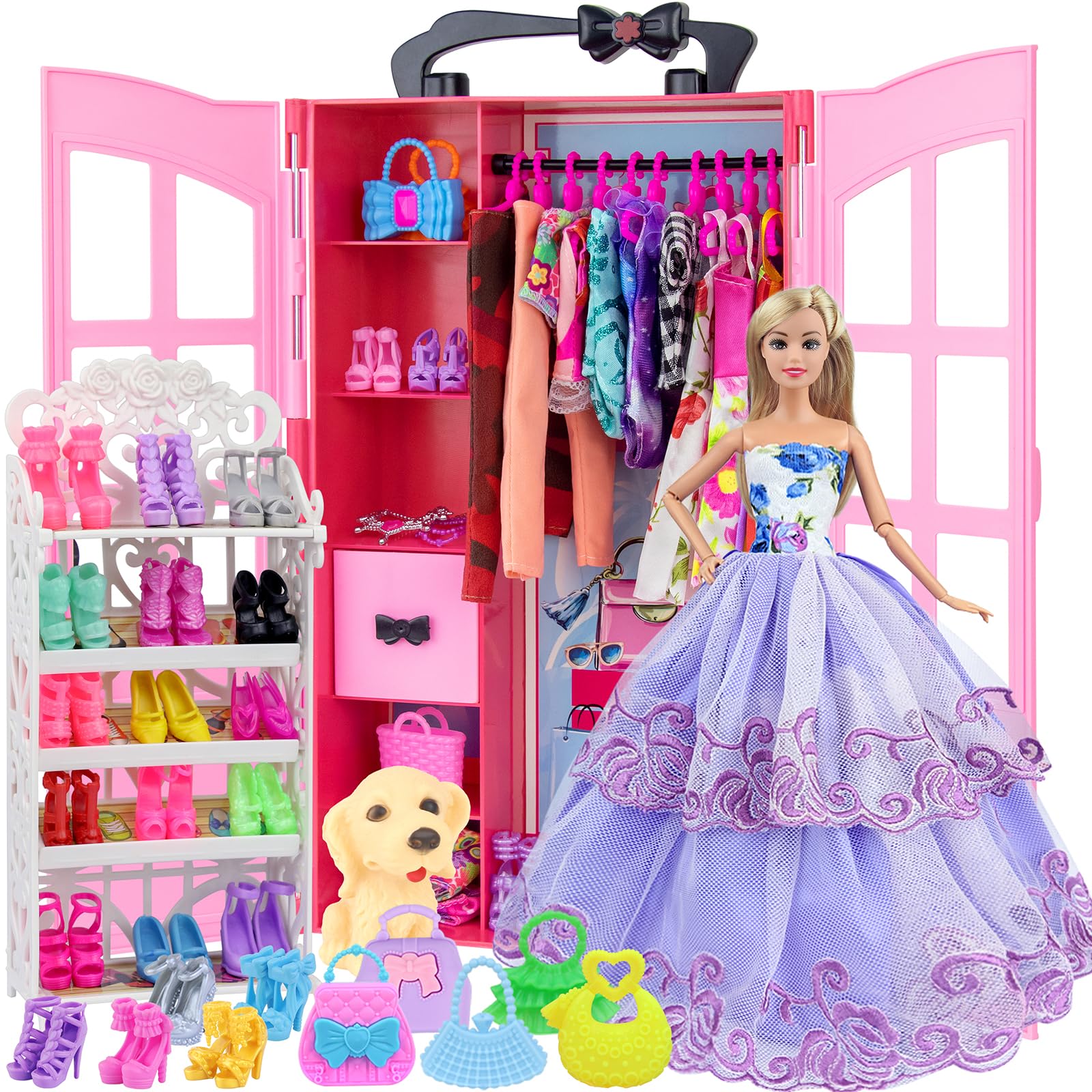 Ecore Fun 120 Pcs Fashion Doll Wardrobe Set - Doll Clothes Storage Organizer with Dresses, Shoes, Bags, Necklace & Hangers for 11.5 Inch Girl Dolls - Perfect for Pretend Play, Birthday Gifts & Kids Room Decor