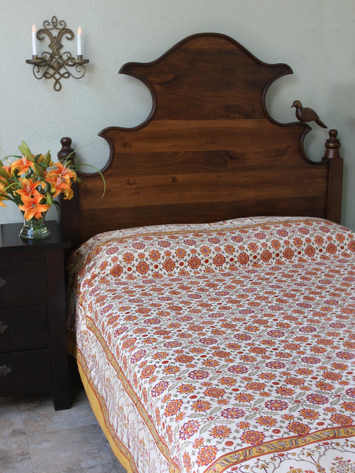 Hand-Printed Saffron Marigold Orange Blossom Persian Bedspread - Lightweight Vintage Floral Quilt Comforter in Yellow & White | Queen Size for Spring & Summer | Perfect for Boho Bedroom Decor, Guest Room Accent, or Cozy Country Cottage Style