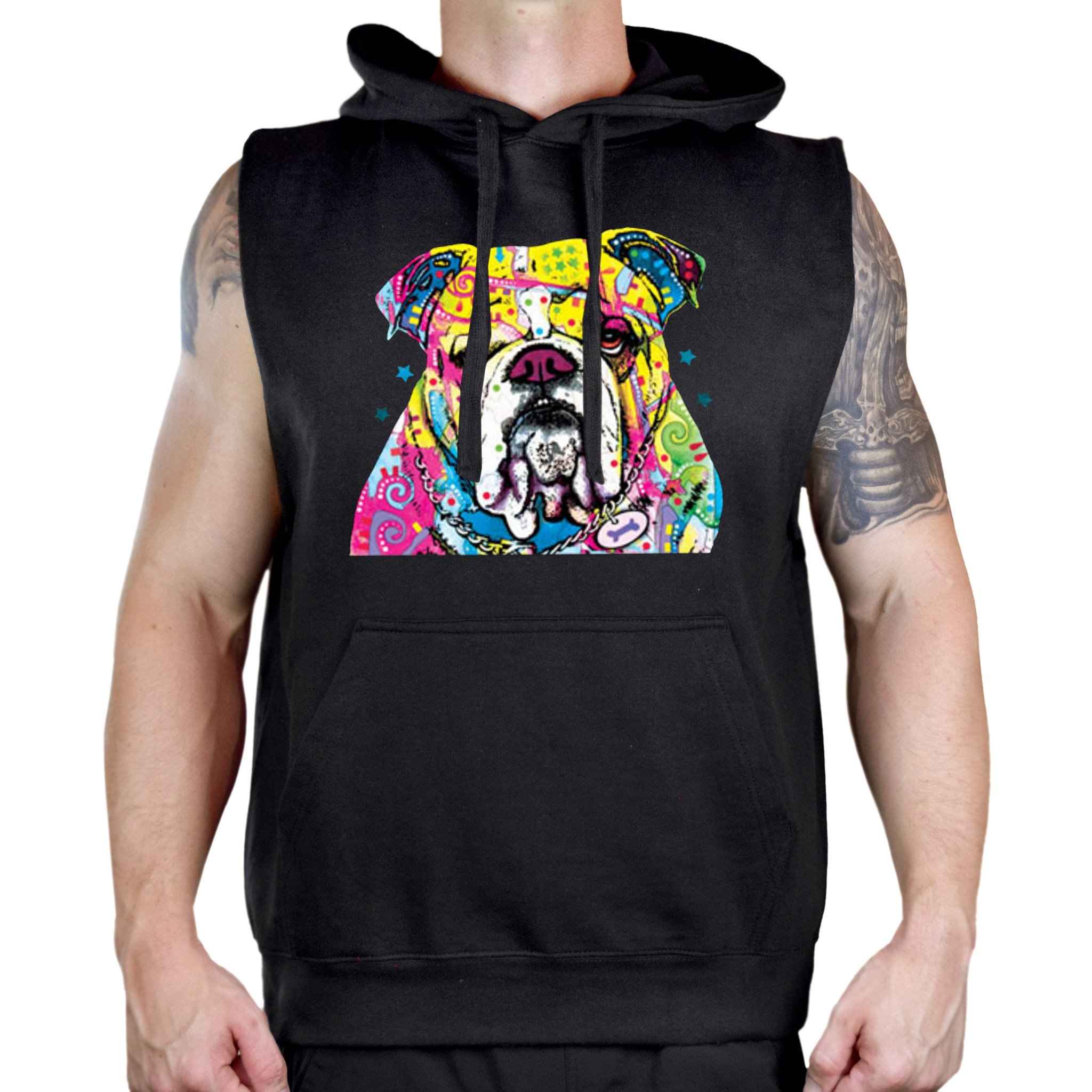 Interstate Apparel Men's Neon English Bulldog Sleeveless Hoodie Vest - Gym Workout, Streetwear Fashion, Casual Summer Outfit