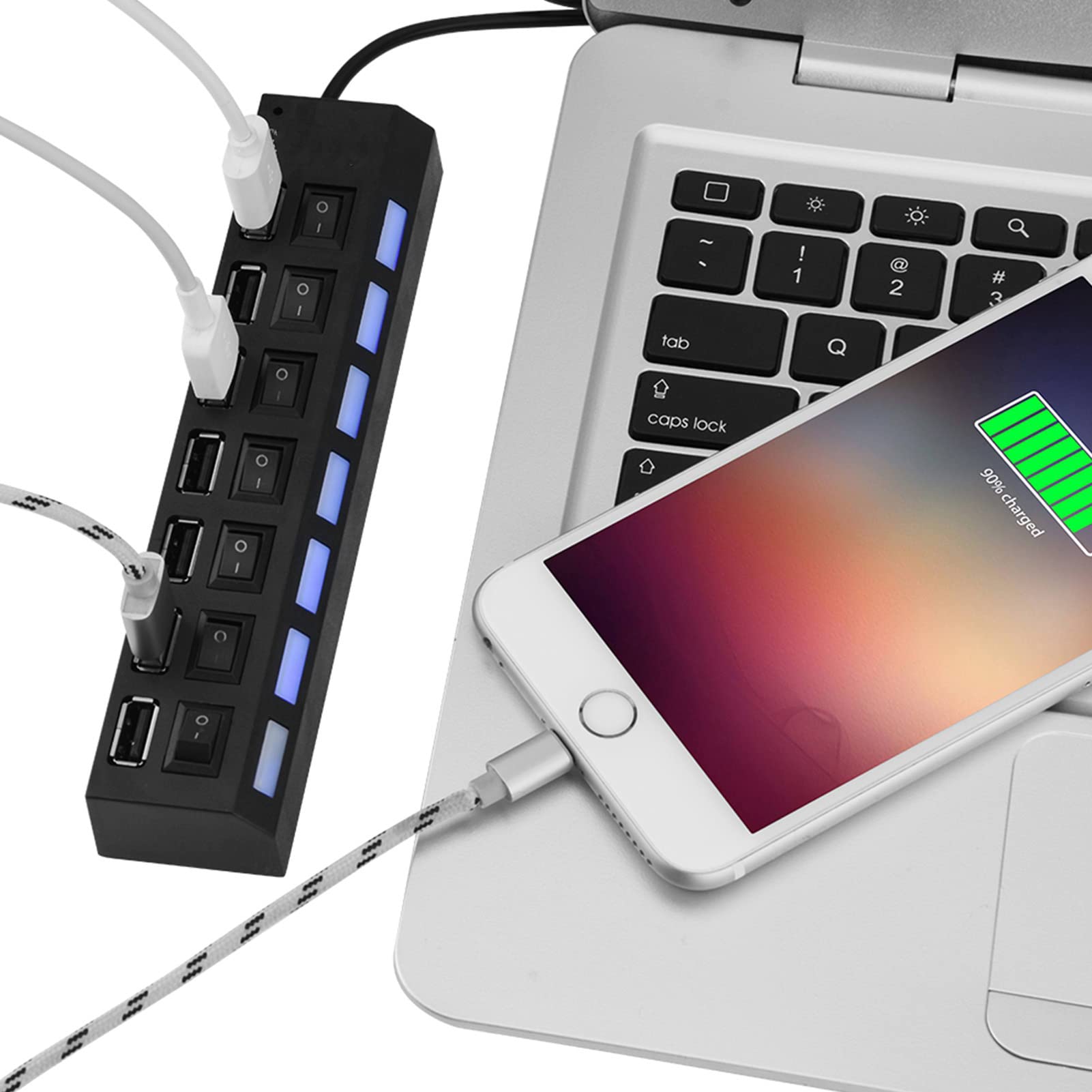 Beufee 7-Port USB 2.0 Hub with 3ft Cable - High-Speed Data Transfer USB Splitter for Laptop, PC, Mac - Perfect for Home Office, Gaming Setup & Multi-Device Charging Station