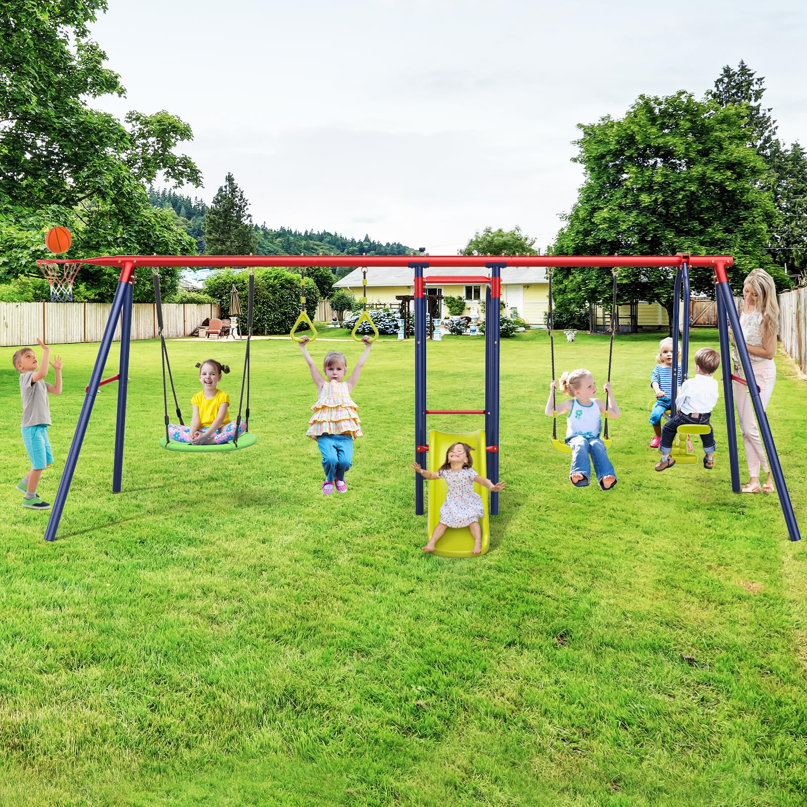 OLAKIDS 7-in-1 Heavy Duty Metal Swing Set for Backyard - 660LBS Capacity A-Frame Playset with Monkey Bars, Slide, 2 Swings, Glider, Trapeze Rings & Basketball Hoop | Outdoor Playground Equipment for Kids | Perfect for Backyard Fun, Birthday Gifts & Family Bonding Activities