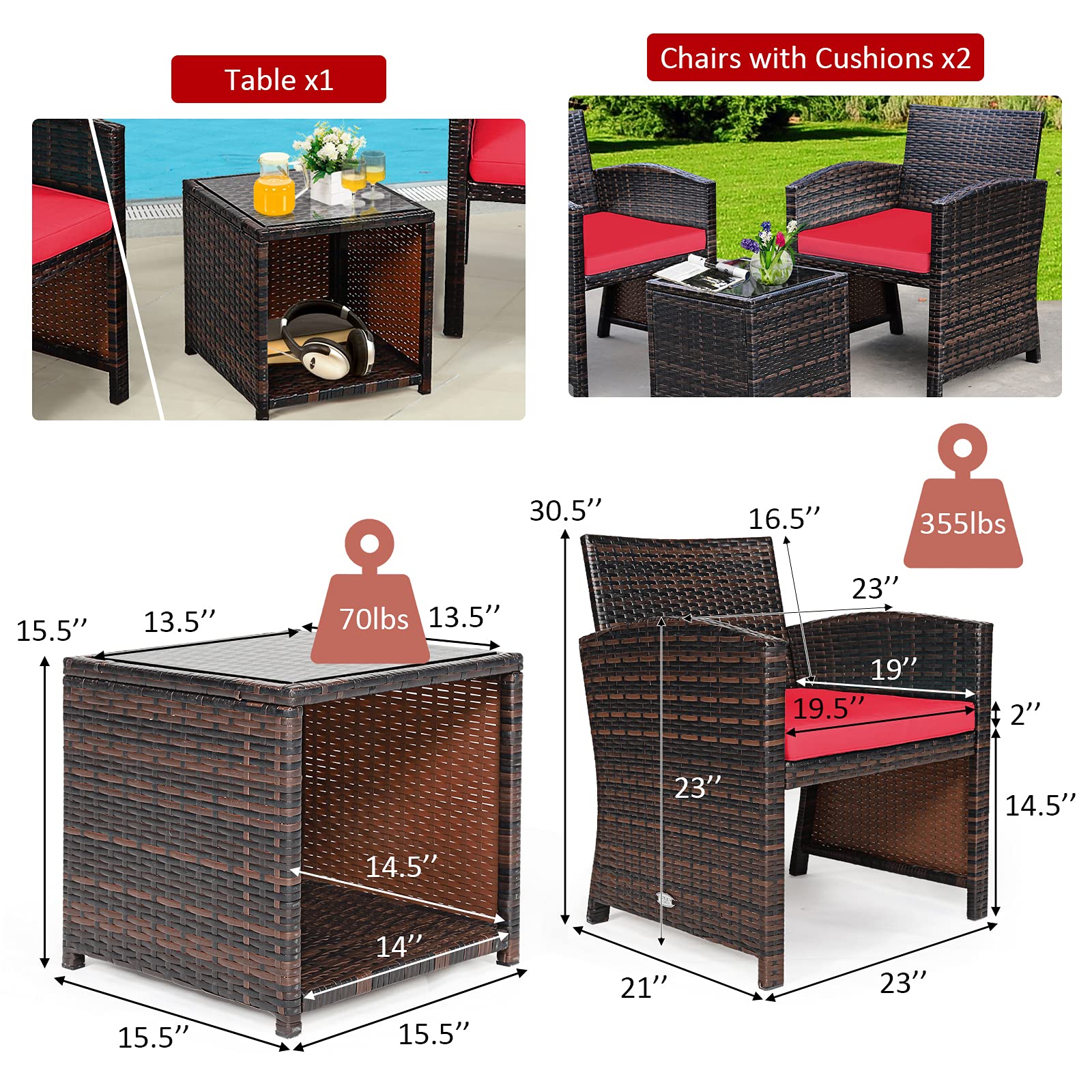 Tangkula 3-Piece Outdoor PE Rattan Patio Furniture Set with Chair & Storage Coffee Table - Waterproof Wicker Conversation Set, Detachable Cushions, Sturdy X-Shaped Frame - Perfect for Garden, Backyard, Poolside, Deck or Balcony (Red) - Ideal for Relaxing, Entertaining & Outdoor Dining