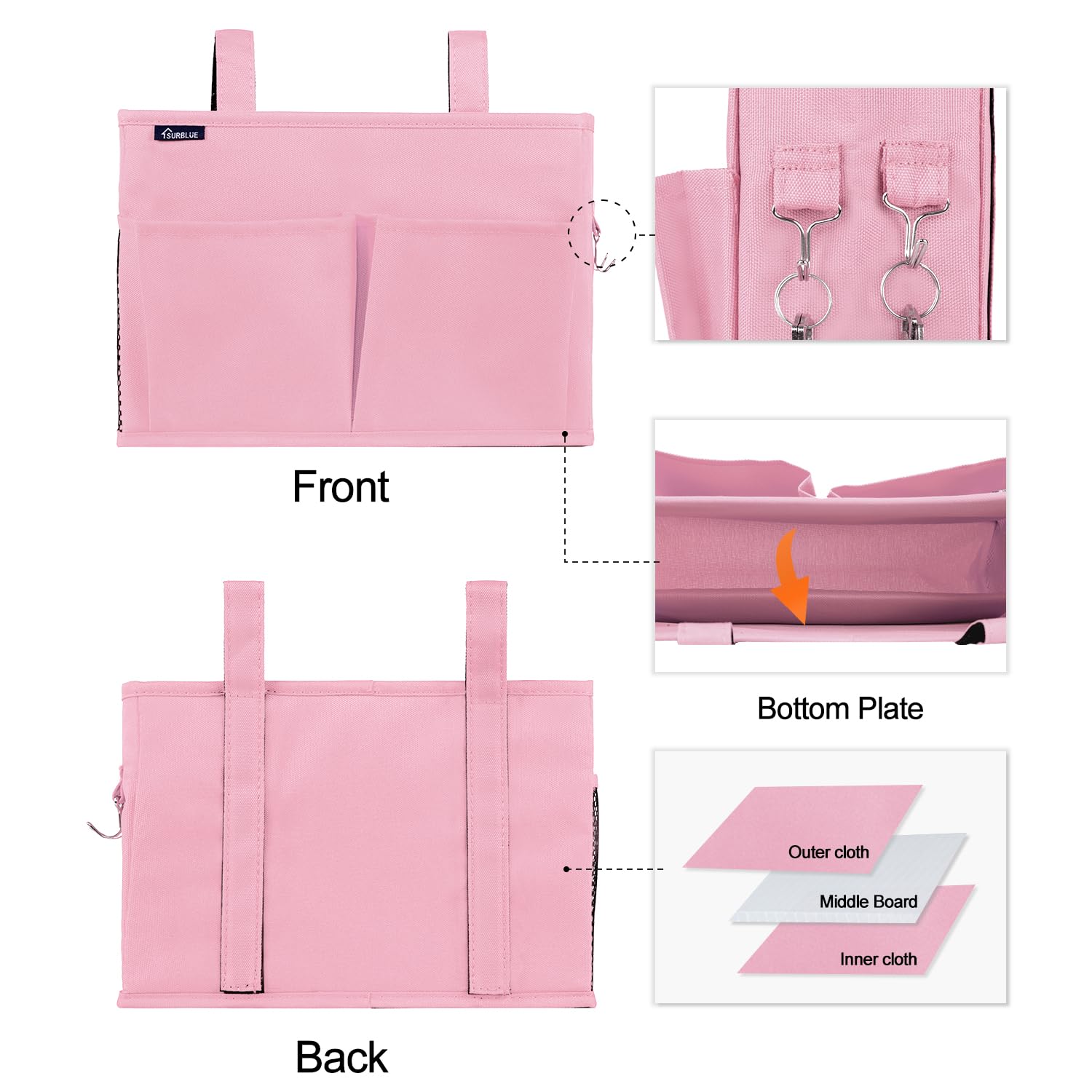 Surblue Hanging Bed Organizer - 8 Pocket Storage Bag for Bunk Beds, Hospital Beds & Dorm Rooms | Space-Saving Solution for Baby Bed Rails & Camping (Small, Pink) | Perfect for College Students, Parents & Travelers