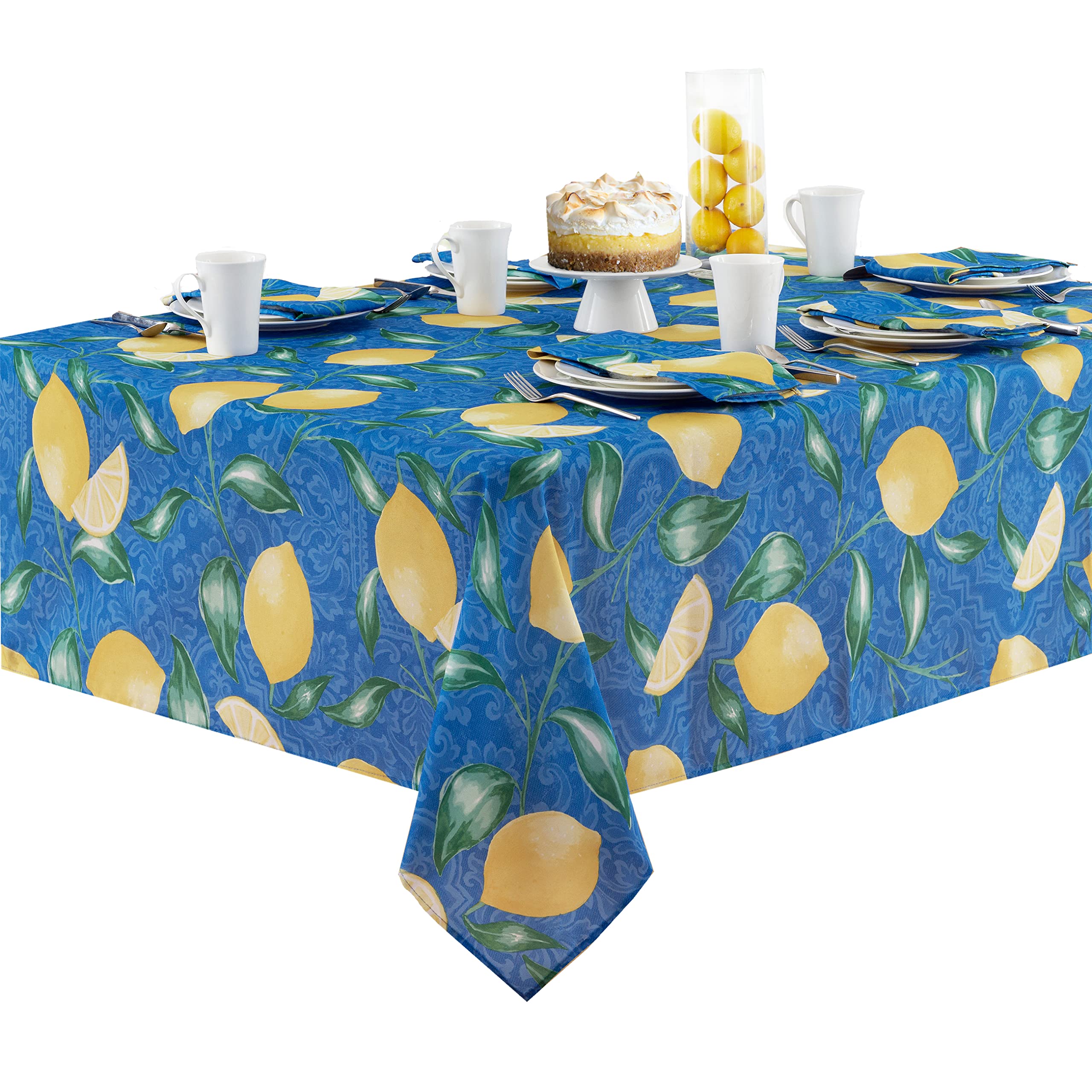 Newbridge Mediterranean Lemon Zest Tablecloth - French Provence Blue & Yellow Lemon Print - Water & Stain Resistant Fabric for Indoor/Outdoor Use - 52x70 Inch Rectangle - Perfect for Picnics, Patio Dining & Kitchen Decor