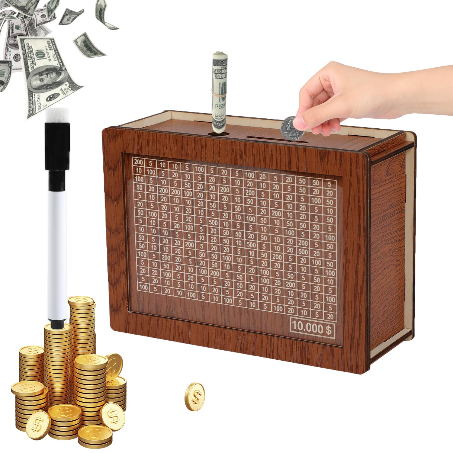Wooden Cash Vault Savings Box with $10,000 Goal - Piggy Bank for Adults & Kids, Coin Bank for Boys & Girls - Money Saving Challenge Box with Countdown Tracker & Numbered Targets - Perfect for Family Savings, Birthday Gifts & Financial Goal Tracking