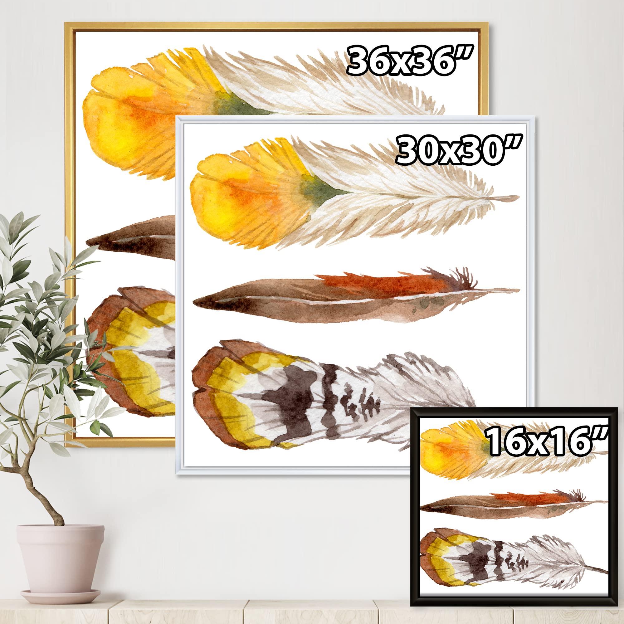 Bohemian Ethnic Yellow Feather Wall Art - Framed Canvas Print for Eclectic Home Decor | Perfect for Living Room, Bedroom & Boho Style Interiors