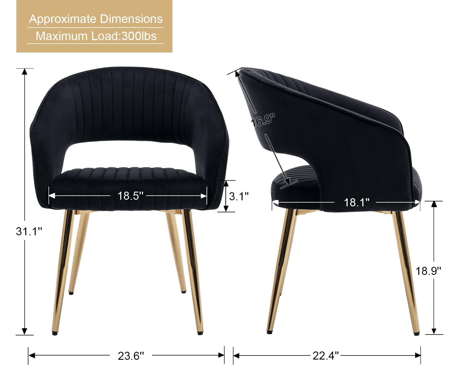 Guyou Black and Gold Velvet Dining Chairs Set of 4 - Modern Upholstered Accent Chairs with Hollow Back & Tufted Design - Elegant Armchairs for Living Room, Dining Room or Kitchen (4-Pack) - Perfect for Dinner Parties, Home Decor & Guest Seating