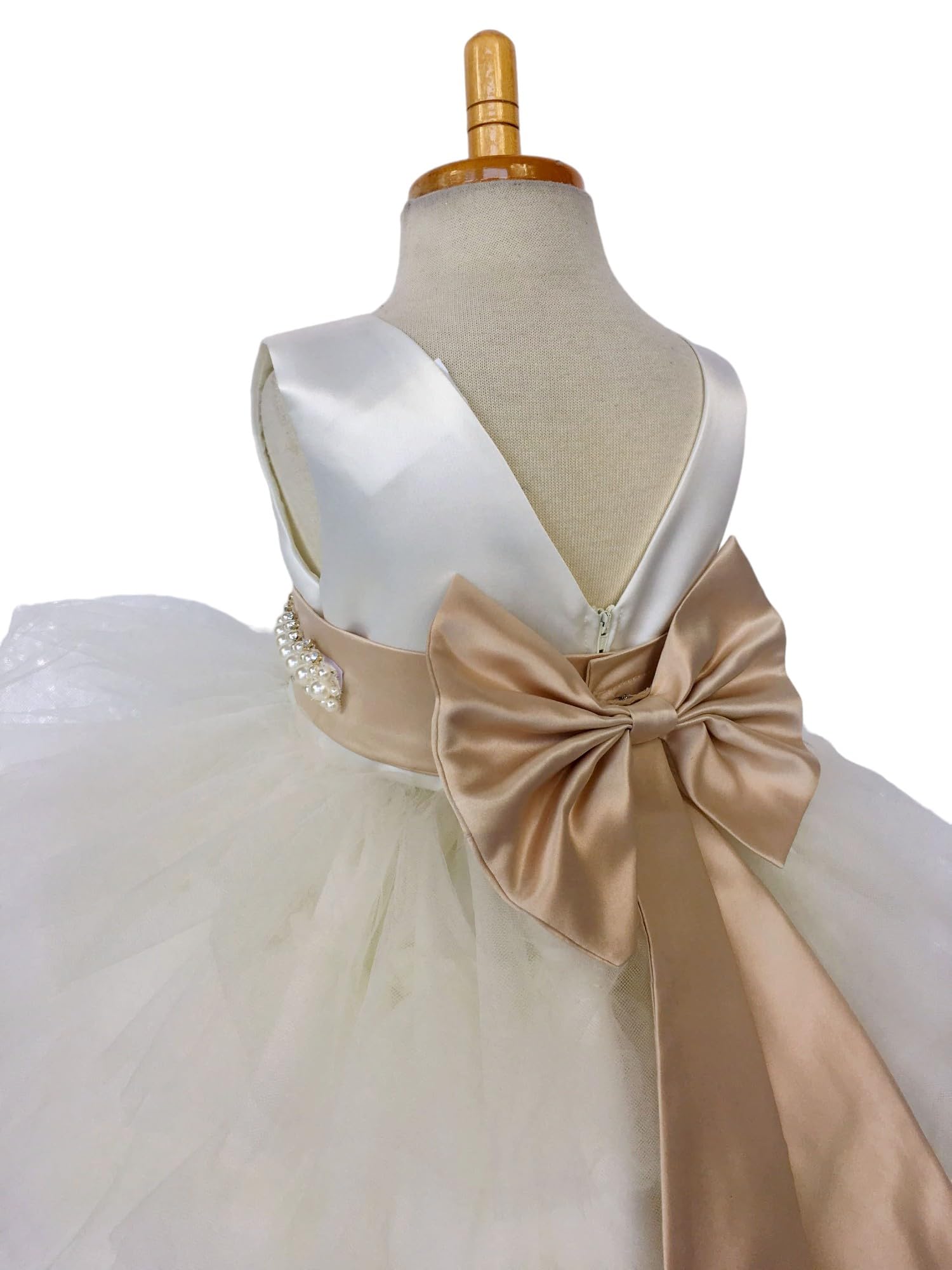 Ivory Sleeveless High-Low Tulle Flower Girl Dress with Ruffle Details - Perfect for Weddings, Birthday Parties & Special Occasions (Size 14, Champagne Accessories Included)