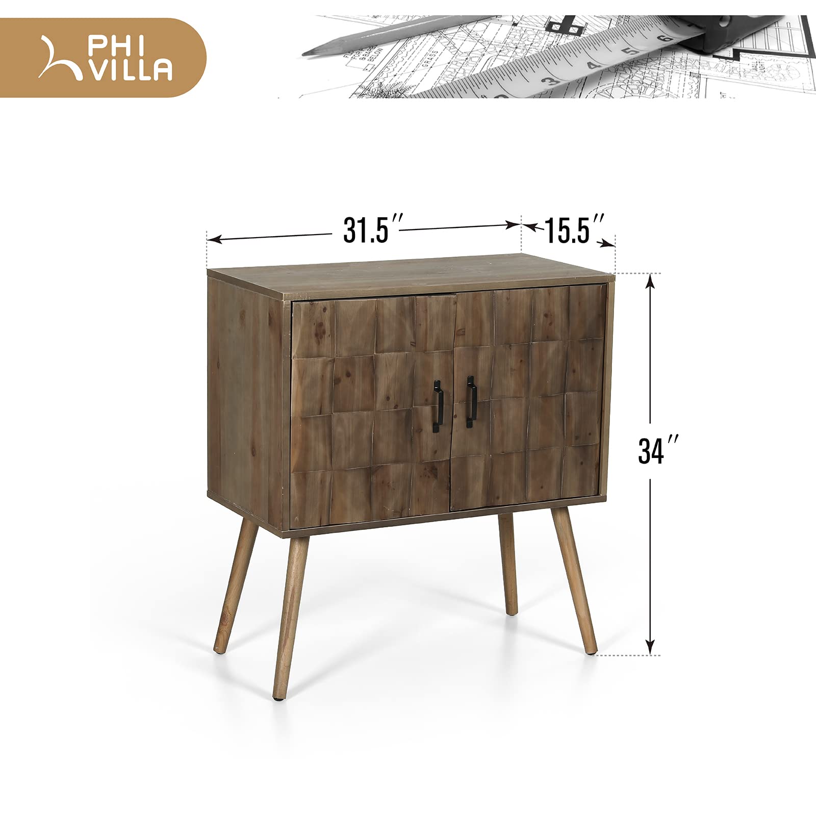 PHI VILLA Solid Pine Wood Accent Buffet Sideboard Cabinet with Doors - 2-Tier Nightstand with Storage, Bedside End Table & Bedroom Dresser - Perfect for Entryway, Living Room, Bedroom & Home Office Furniture Organization