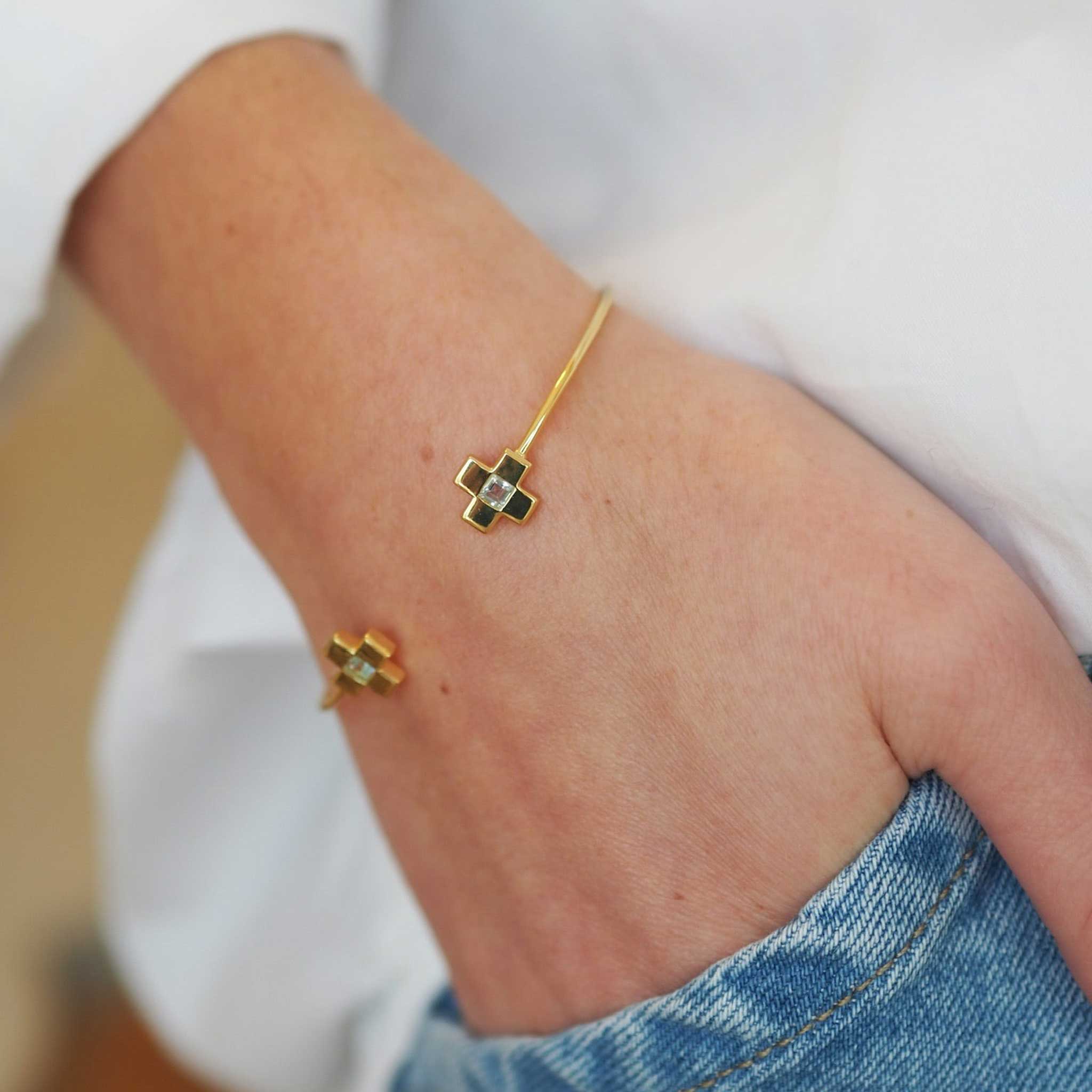 Goldbug Collection Blue Topaz Cross Bangle - Elegant Sterling Silver Religious Jewelry for Women | Perfect for Church, Weddings & Everyday Faith-Based Fashion