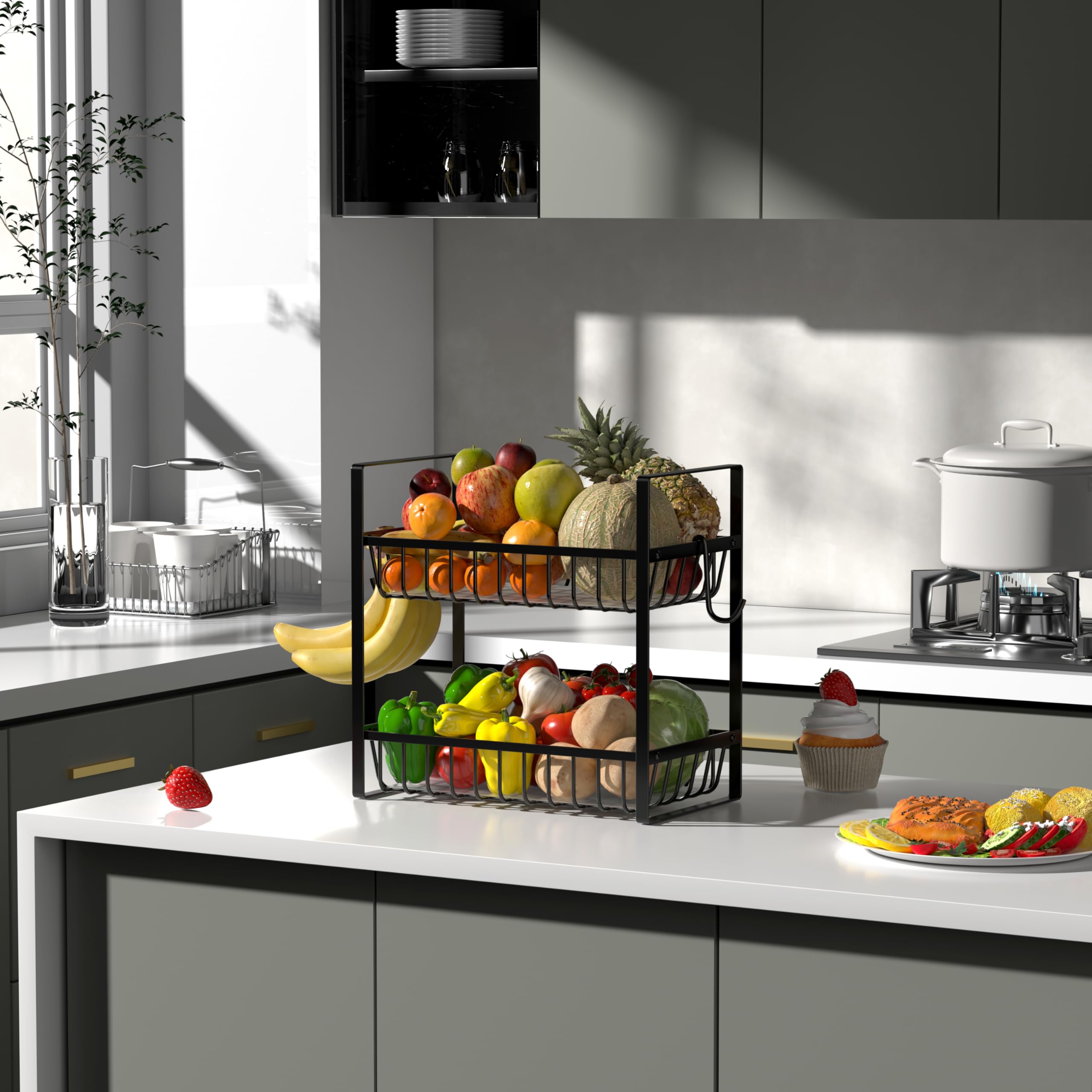 2-Tier Heavy Duty Metal Fruit Basket for Kitchen Counter - Fruit Bowl & Organizer for Onion, Bread, Snack Storage with Liners | Perfect for Dining Table, Pantry & Kitchen Countertop Decor