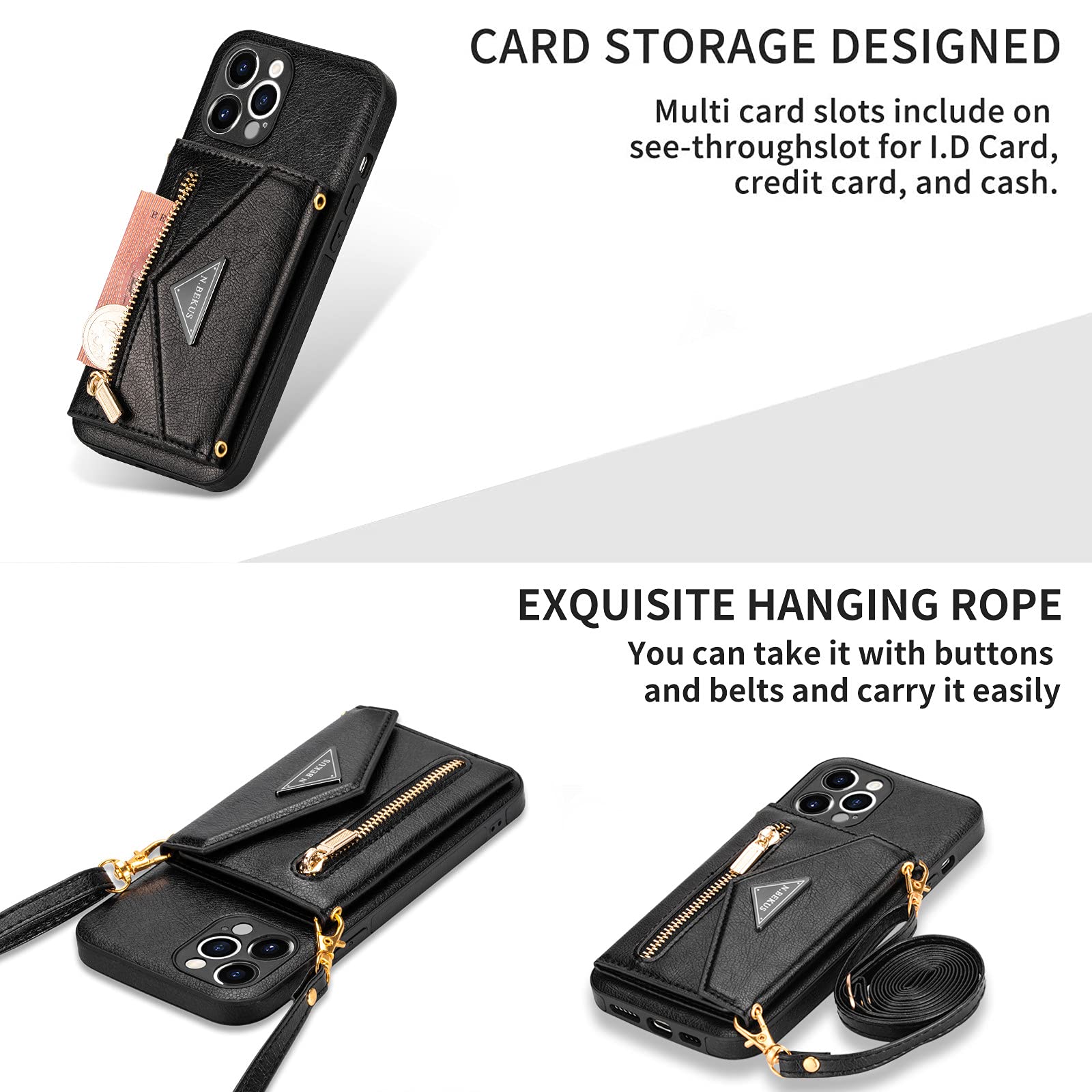SZHAIYU PU Leather Crossbody Wallet Phone Case for iPhone 12 Pro - RFID Blocking Credit Card Holder with Lanyard Strap, Kickstand & Zipper Purse | Women's Fashion Handbag for Daily Use, Travel & Shopping (Black)