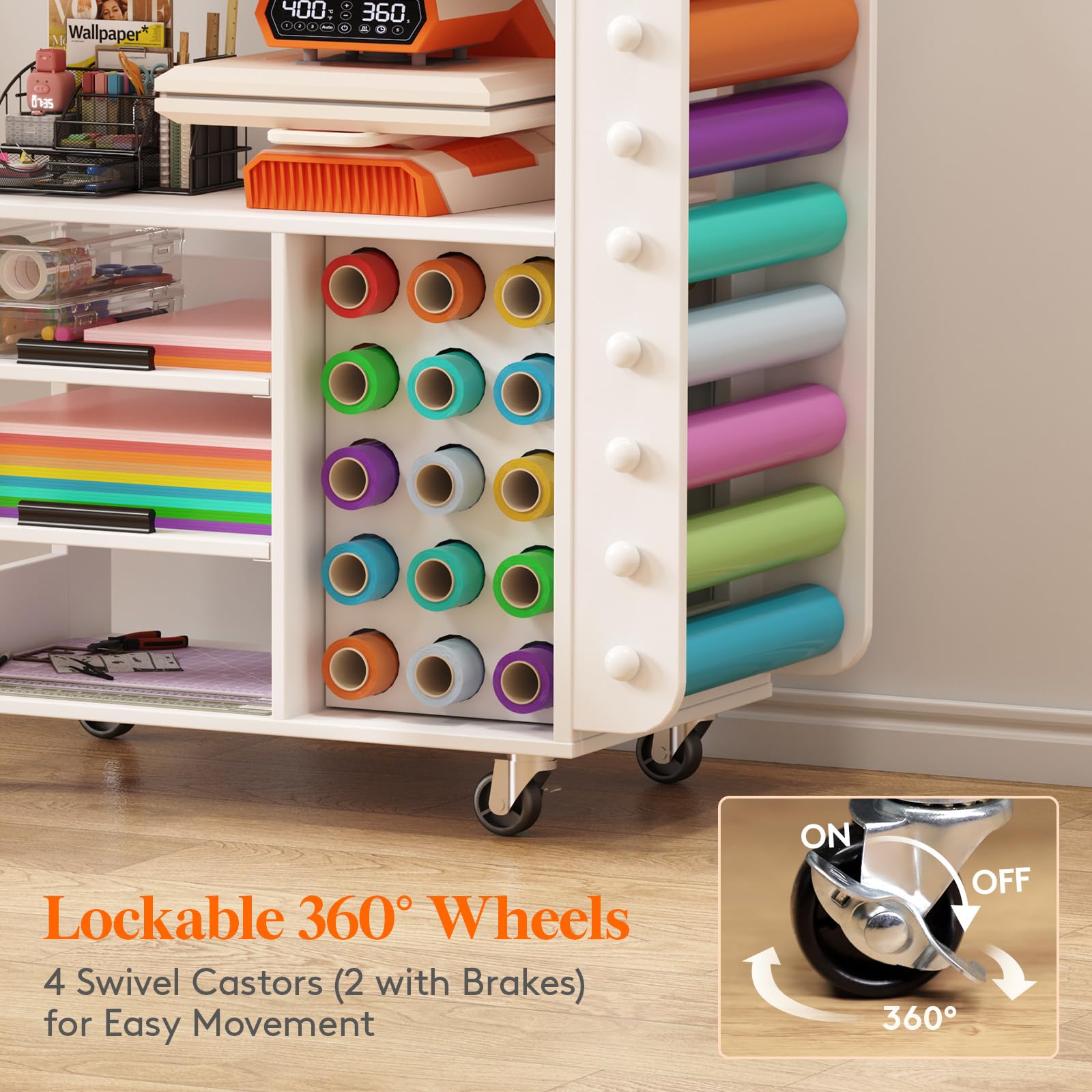 Lifewit Rolling Craft Cart with Pull-Out Tray & Drawer - 23 Vinyl Roll Holders Storage Organizer for Cricut Machines | Perfect for Craft Room, Home Office & DIY Projects | Mobile Craft Station for Scrapbooking, Vinyl Cutting & Art Supplies Organization