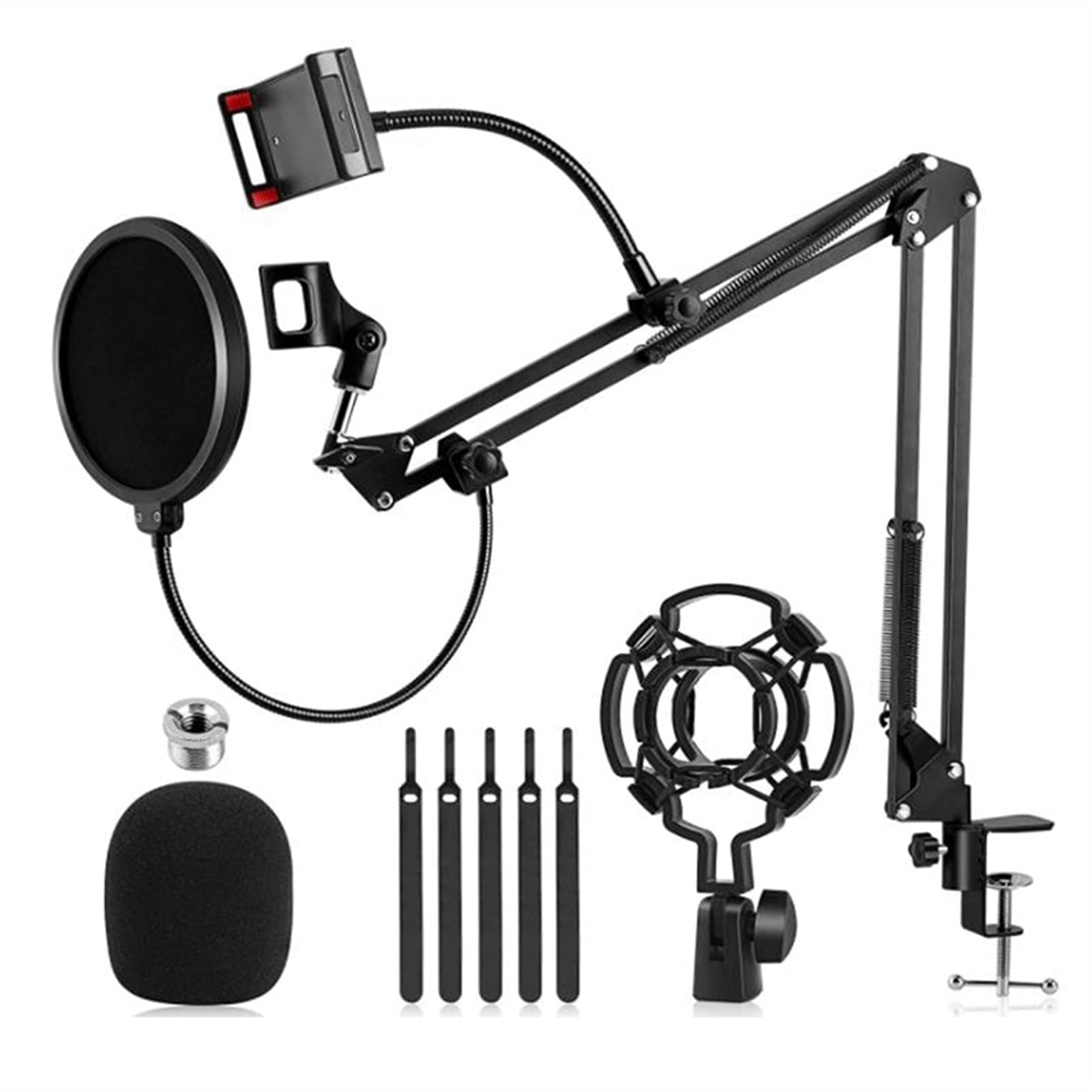 Adjustable Microphone Boom Arm Stand with Suspension Scissor - Compatible with Blue Snowball & Other Mics, Phone Holder - Black | Perfect for Podcasting, Streaming & Home Studio Recording