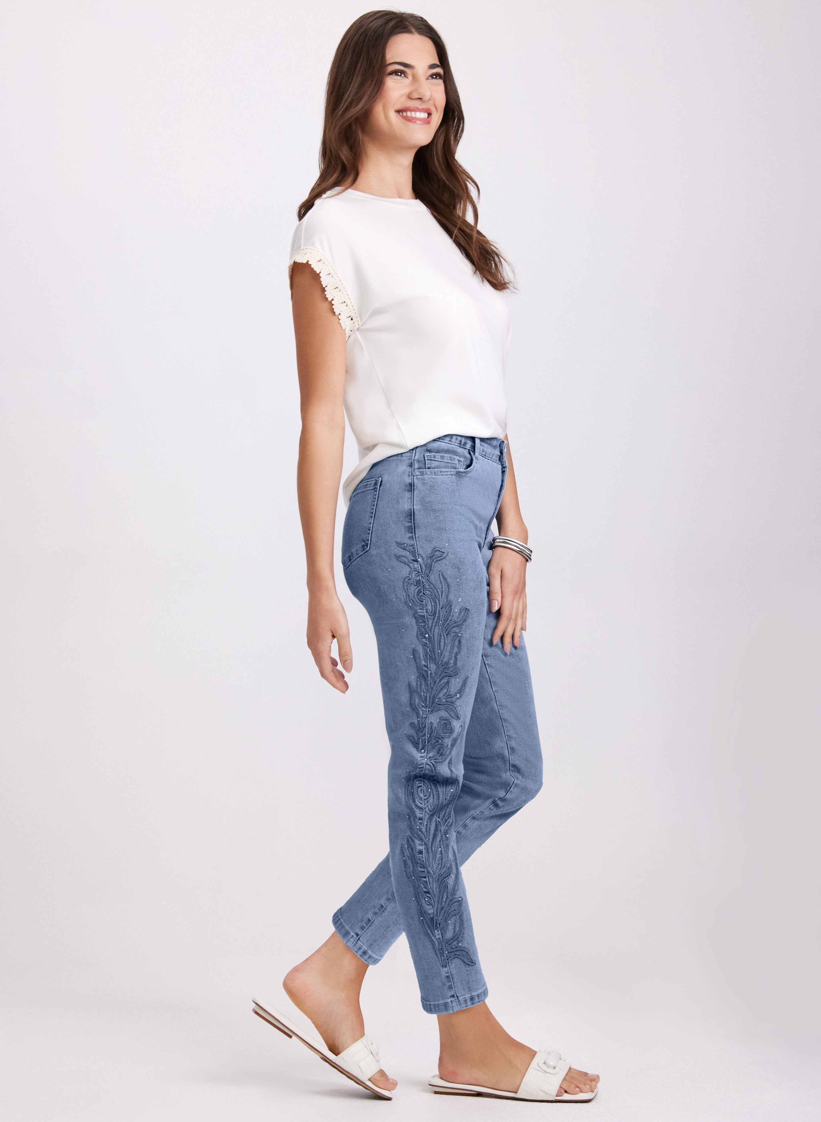 Embroidered Straight Leg Jeans for Women - High Waist Denim Pants with Floral Design - Casual & Comfortable Everyday Wear for Office, Dating & Travel