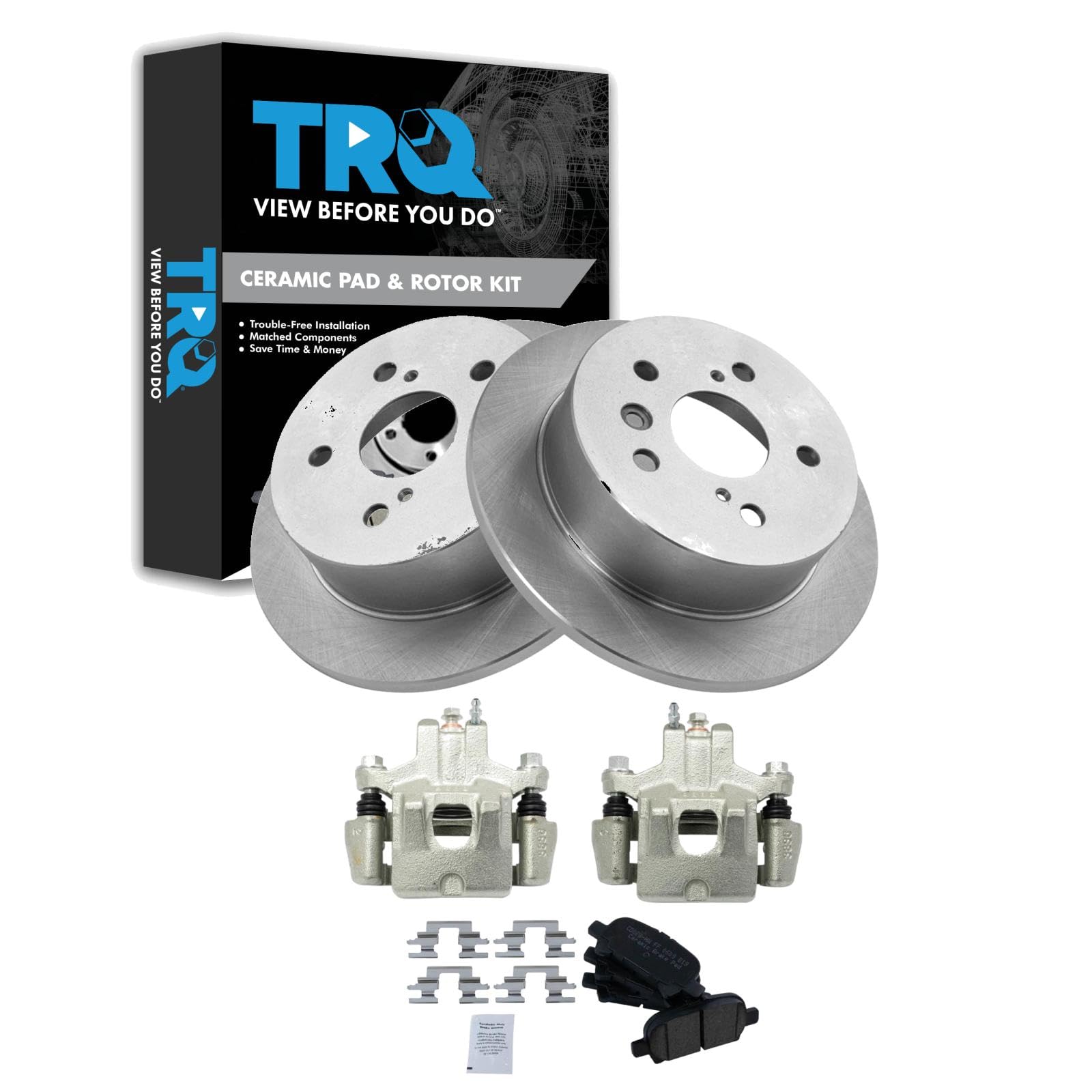 TRQ Rear Brake Pad and Rotor Kit - Ceramic Brake Pads & Solid Rotors - Compatible with 2006-2007 Toyota Avalon, 2002-2006 Camry, 2004-2008 Solara - Perfect for Smooth Braking & Long-Lasting Performance