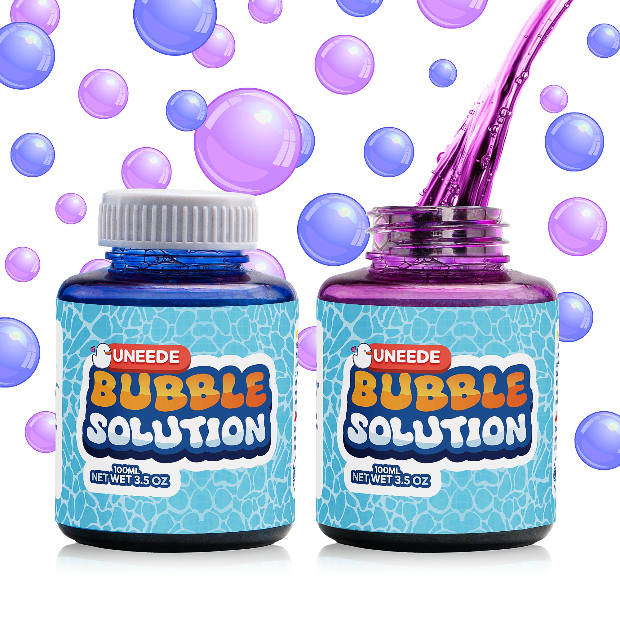 UNNEEDE Premium Bubble Solution Refill 2 Pack (200ml/7oz Each) - Non-Toxic Bubble Liquid for Bubble Machines & Bubble Toys - Vibrant Purple & Blue Bubbles for Kids Outdoor Play, Birthday Parties & Backyard Fun