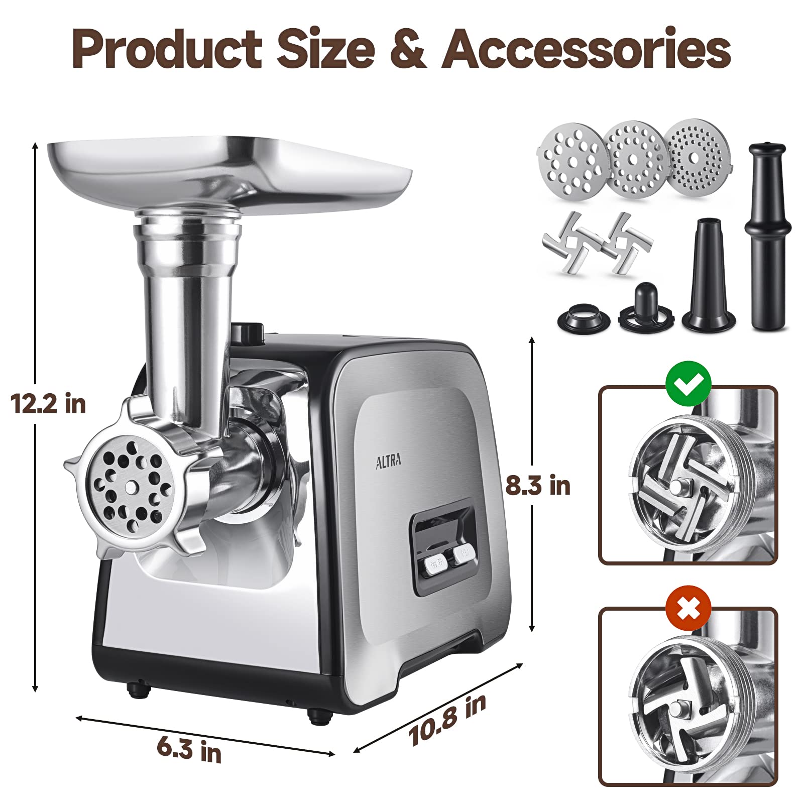 2800W Electric Meat Grinder & Sausage Stuffer - Heavy Duty Stainless Steel Mincer with 3 Grinding Plates & Kubbe Kit - Perfect for Home Kitchen, Commercial Use, BBQ Parties & Food Prep