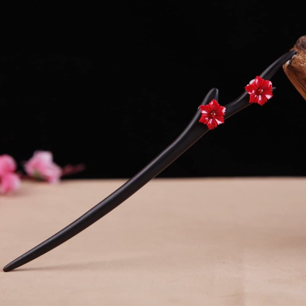 Elegant Red Flower Wooden Hair Sticks for Buns - Chinese Classical Ebony Hair Chopsticks for Women | Perfect for Updos, Weddings & Traditional Hairstyles