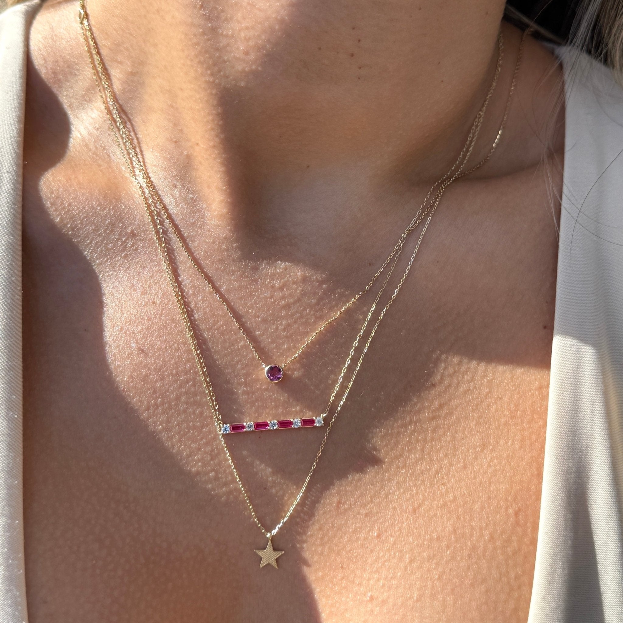 14k Solid Yellow Gold Ruby Station Necklace - Elegant Bezel Set Gemstone Jewelry for Women, Perfect for Gifts, Anniversaries, and Special Occasions