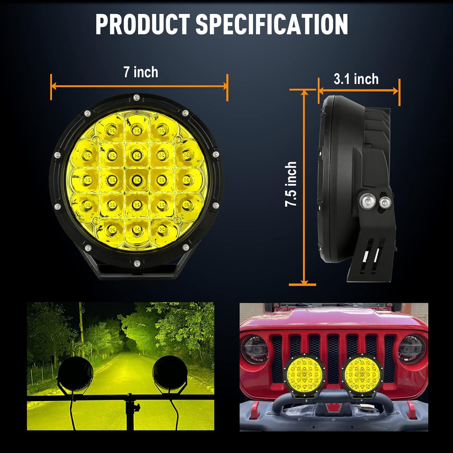 BIGLION.X 7-Inch Amber Round LED Off-Road Lights - 210W 32000LM Super Bright Yellow Spot Lights - IP68 Waterproof with EMC - 12V-32V for Pickup Trucks, SUVs & UTVs - Perfect for Night Off-Roading, Camping & Emergency Vehicles