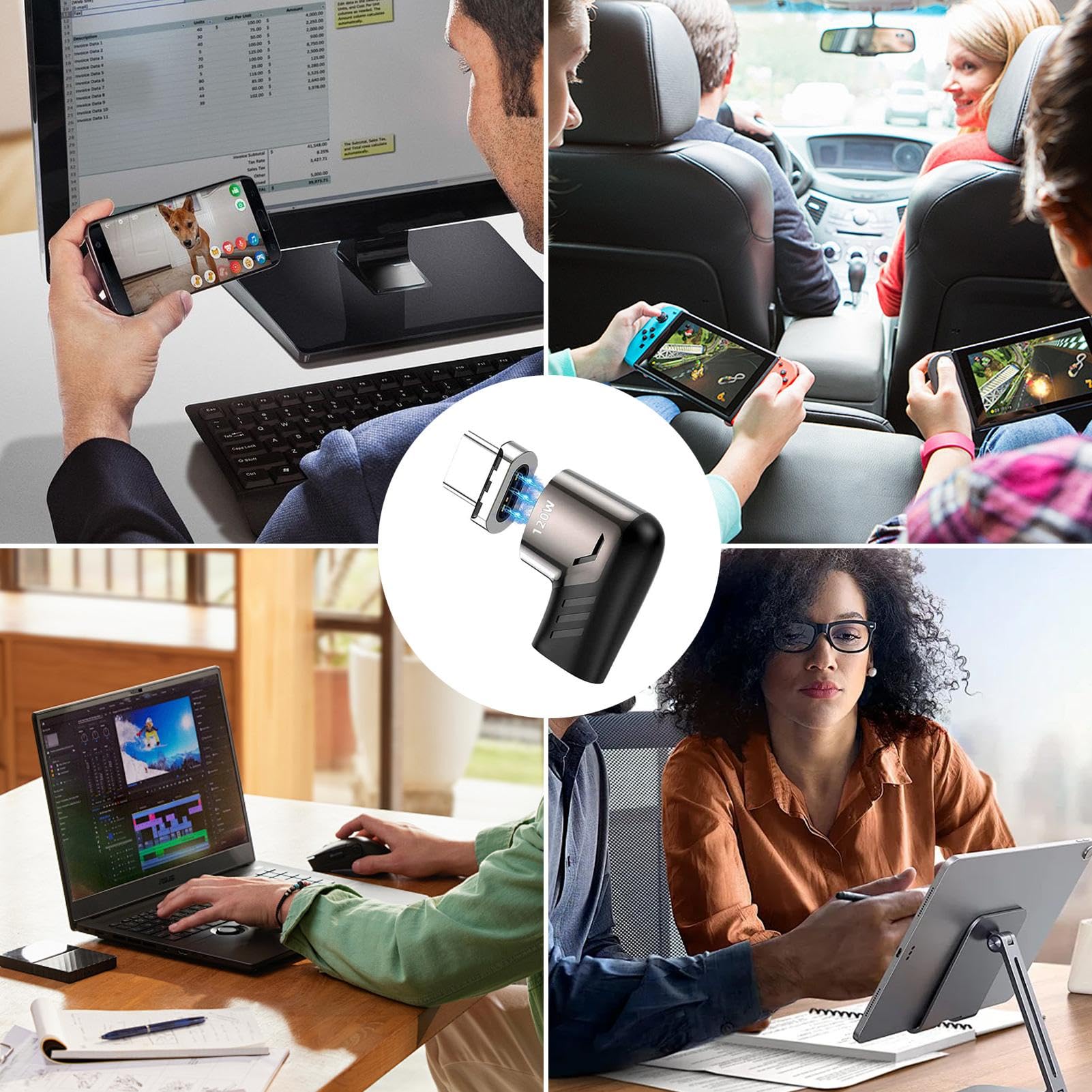 90 Degree Right Angle USB C Magnetic Charger - 120W Fast Charging & 480Mbps High Speed Data Transfer | Durable Magnetic Phone Adapter for iPhone, Samsung, iPad | Perfect for Gaming, Driving & Night Charging
