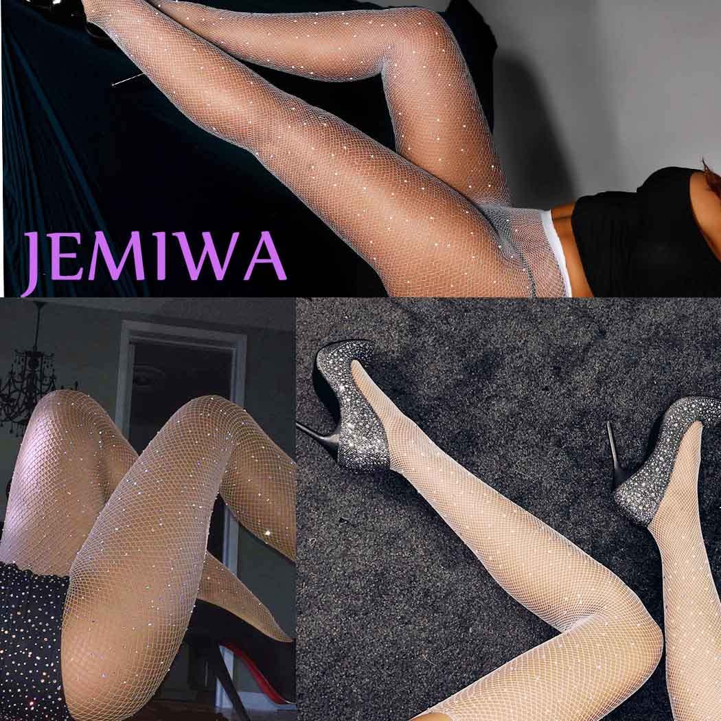 Sparkle Rhinestone Fishnet Stockings for Women - Glitter Thigh High Tights, Sheer See-Through Pantyhose for Party, Cosplay & Night Out