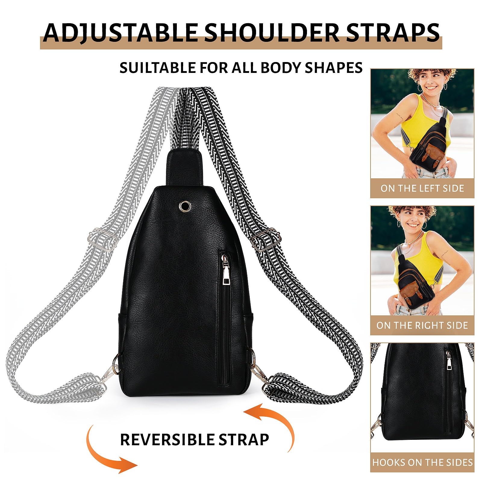Vegan Leather Sling Bag for Women & Men - Adjustable Crossbody Fanny Pack for Travel, Hiking, Cycling & Casual Use - Black & Brown Chest Bag Purse