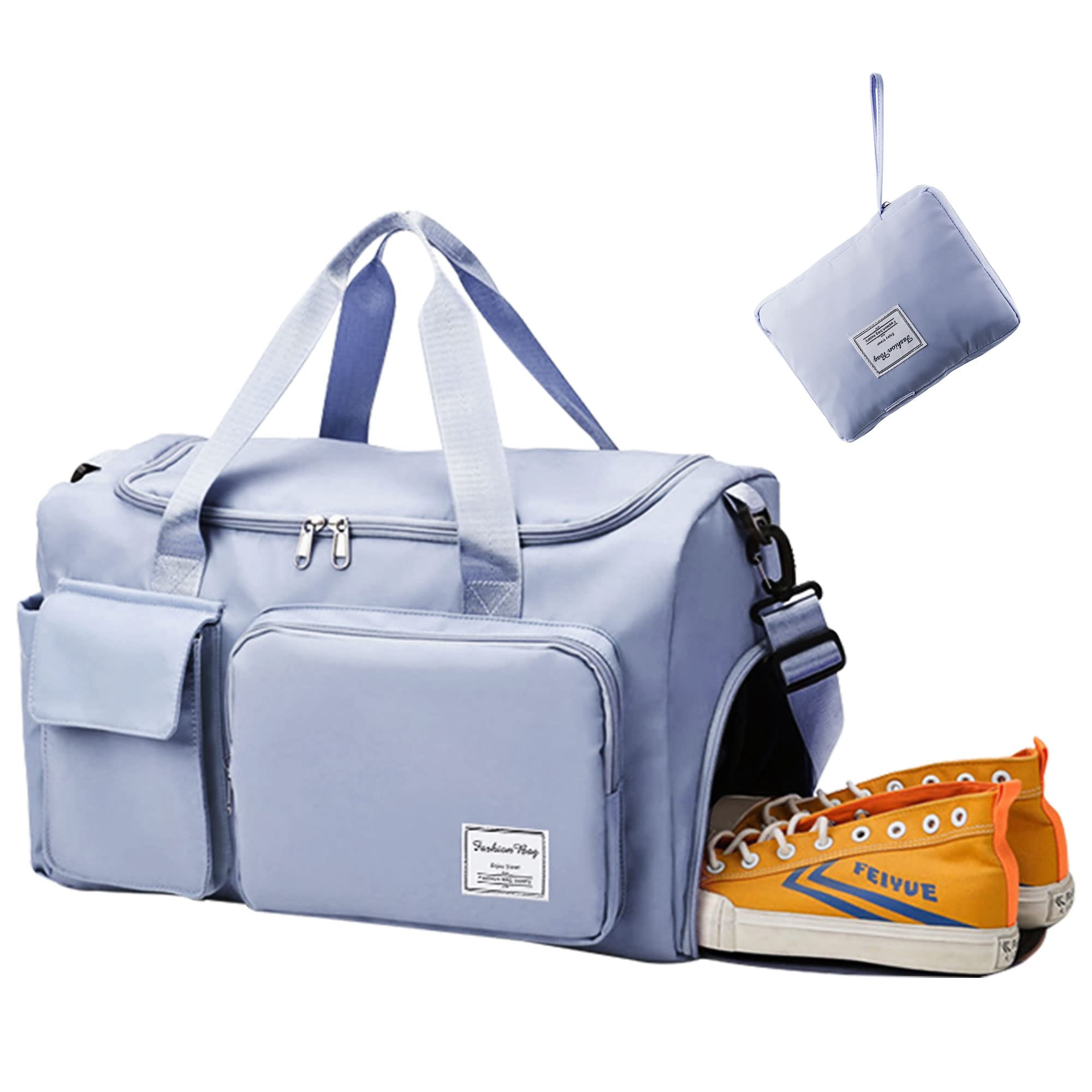 Waterproof Foldable Travel Duffel Bag for Women & Men - Lightweight Gym Bag with Shoe Compartment, Dry Wet Organizer - Perfect for Sports, Weekend Trips & Air Travel (Blue)