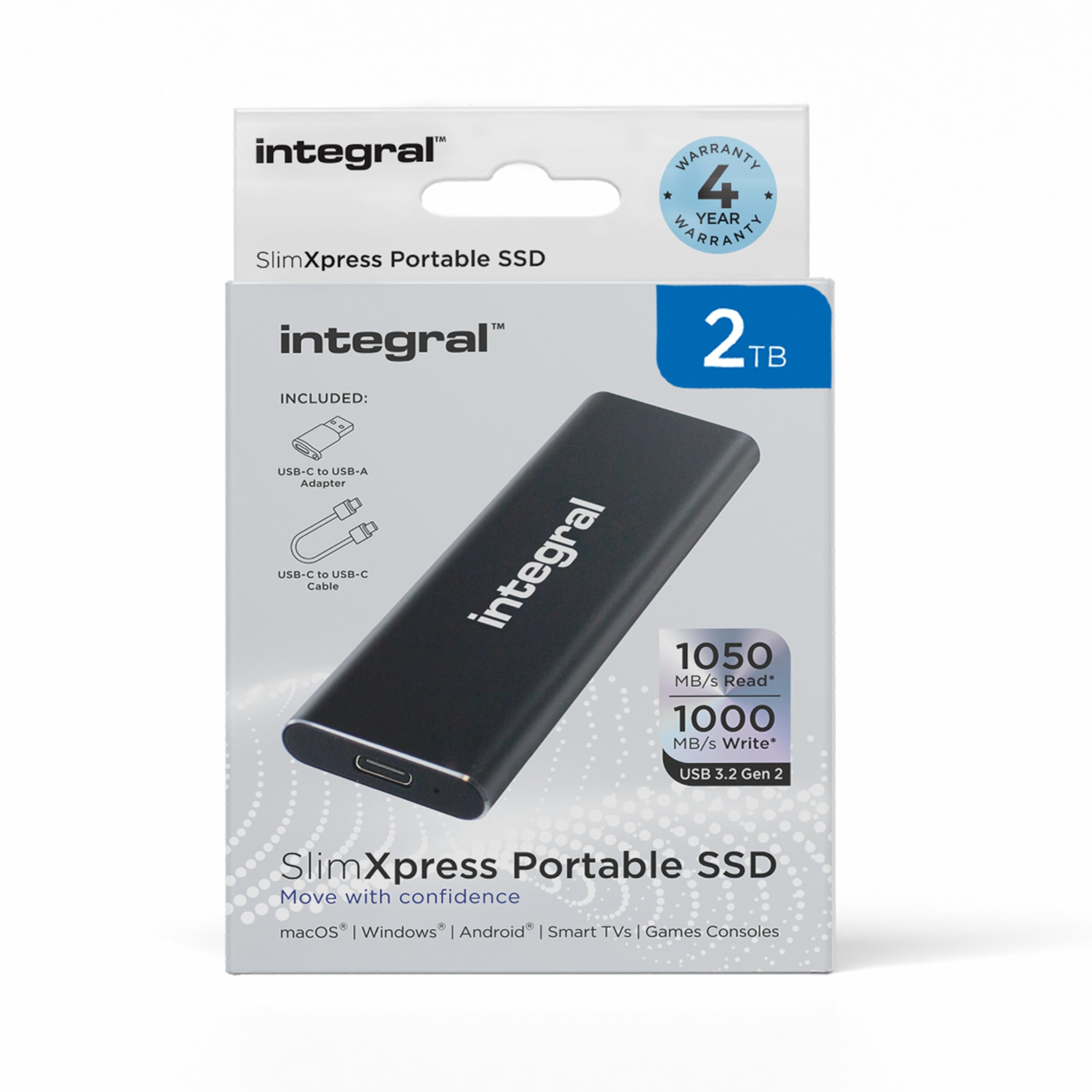 Integral SlimXpress 2TB USB & USB-C 3.2 Gen 2 Portable External SSD - Ultra Fast 1050MB/s Read 1000MB/s Write, Aluminum Casing, Plug & Play - Compatible with Mac, PC, XBOX, PlayStation - Perfect for Gaming, 4K Video Editing & File Backup