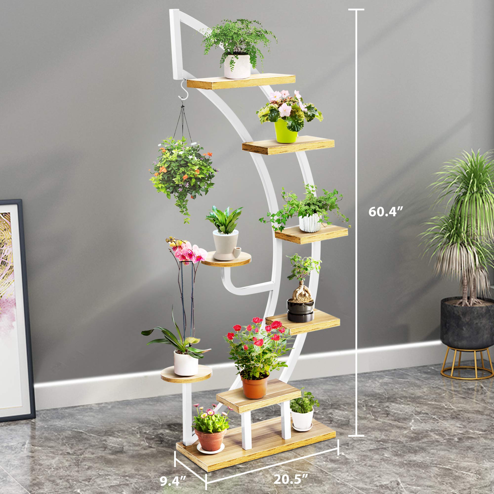 VIVOHOME 6 Tier 9 Potted Steel-Wood Plant Stand with Hanger - Curved Flower Pot Holder Shelf for Indoor Plants - Perfect for Living Room, Balcony, and Home Decor