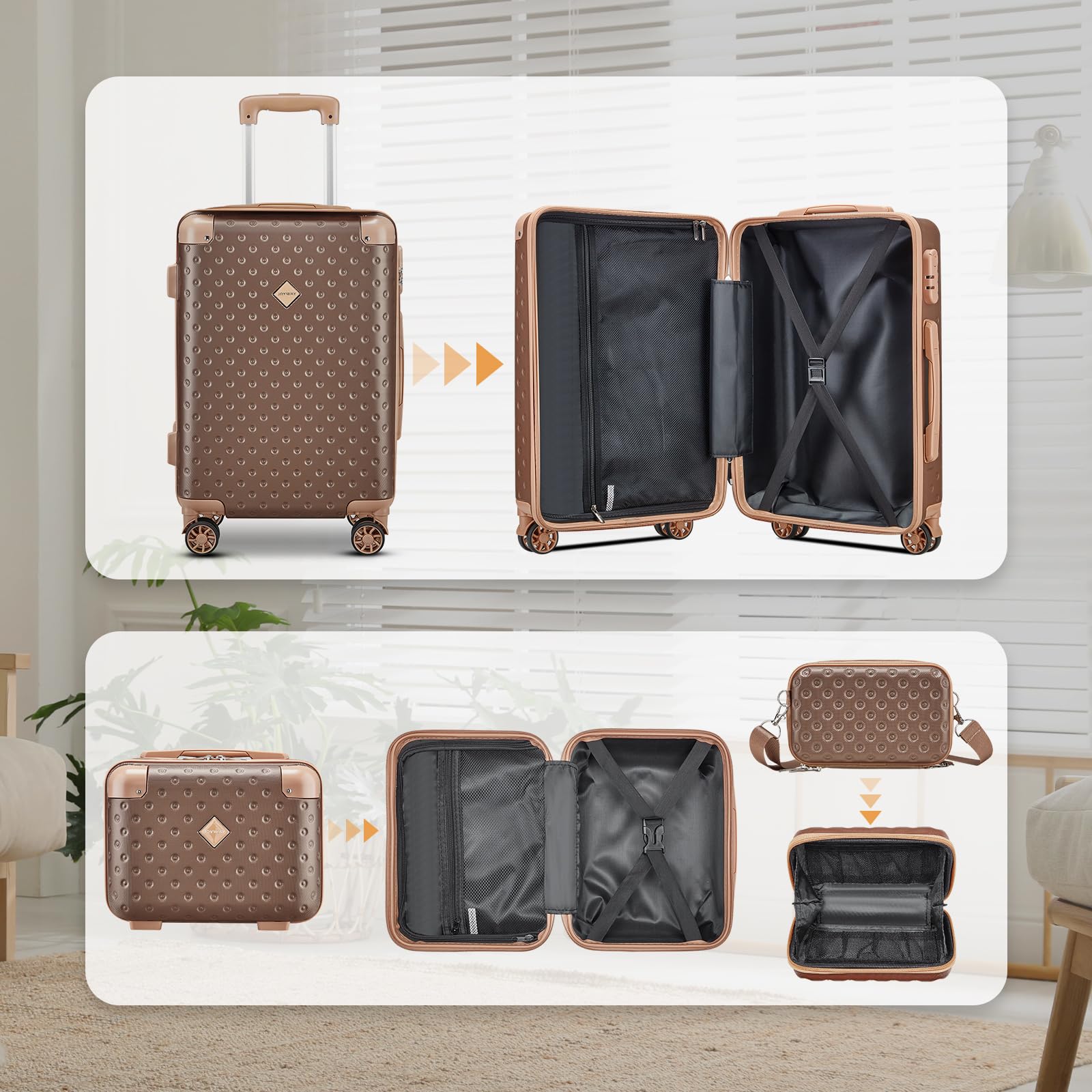 Joyway 20 Inch Hardside Carry On Luggage Set with Spinner Wheels - 3 Piece Airline Approved Suitcase 22x14x9 with Combination Lock (Brown) - Perfect for Business Travel & Weekend Getaways