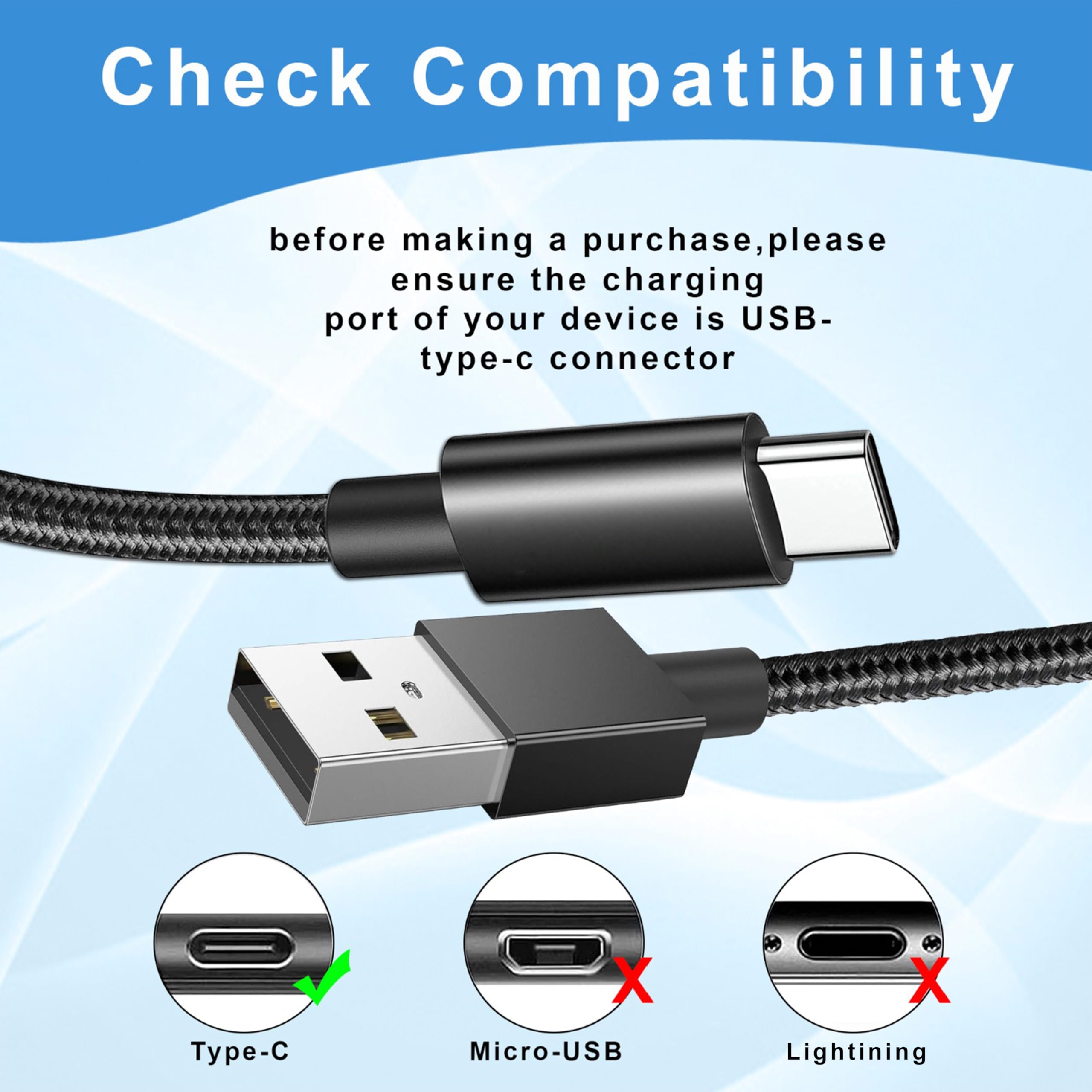 Fast Charging USB C Cable 6.6ft Nylon Braided - Compatible with Samsung Galaxy S21/S20/S10/S9/S8, Huawei P40/P30, OnePlus, LG, Xperia - Durable Type C Charger for Phones, Tablets & Laptops - Perfect for Home, Office & Travel Use
