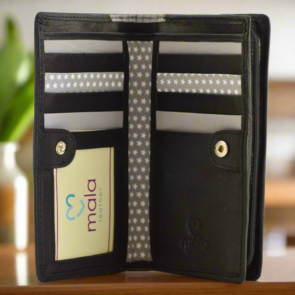 Premium Mala Leather Midnight Cats Medium Bifold Wallet for Men - Stylish Black Leather Billfold with RFID Protection - Perfect for Everyday Carry, Travel & Gift Giving