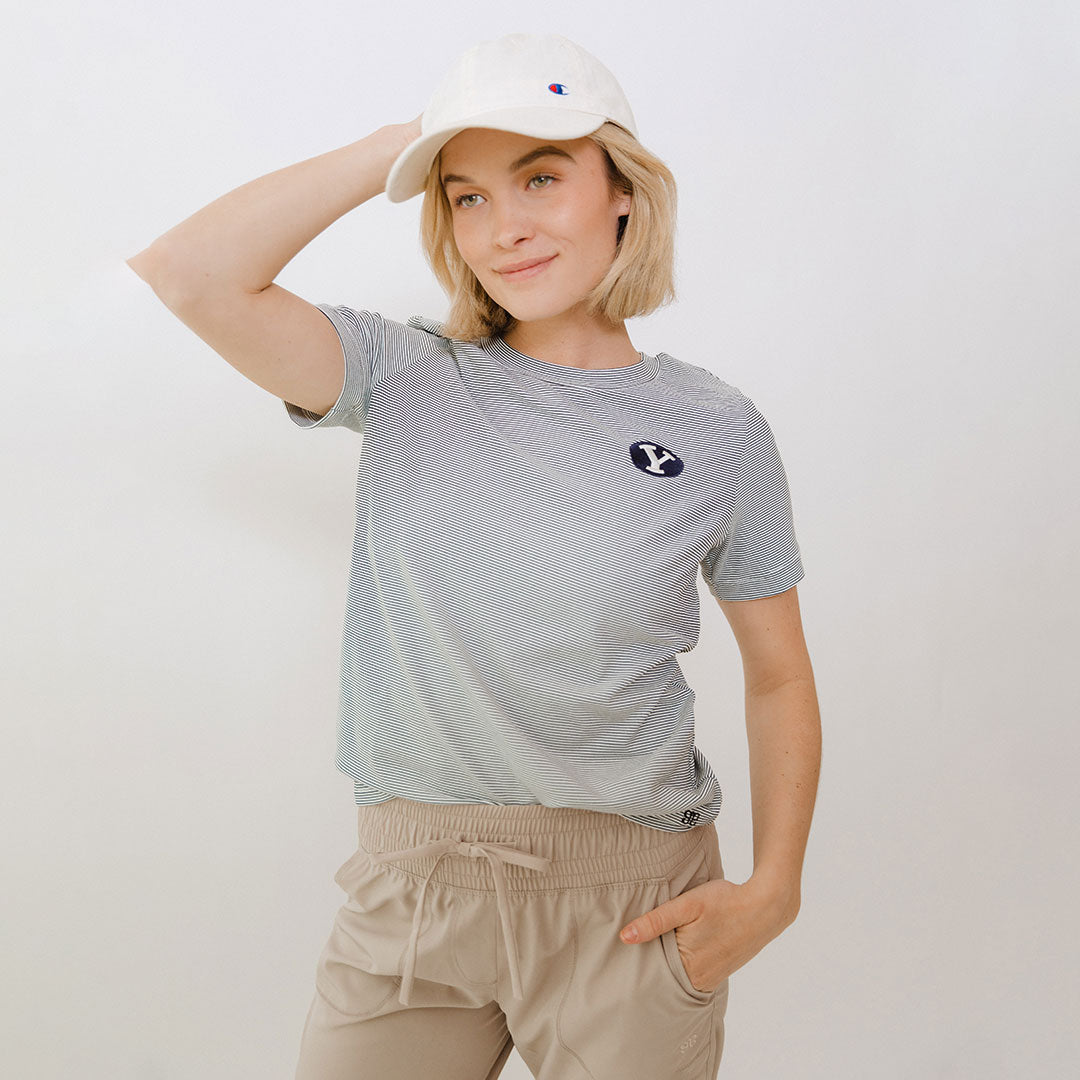 BYU Boyfriend T-Shirt for Women - Soft & Comfortable Striped Tee - Casual Loose Fit Top for Everyday Wear, Date Night & Relaxing at Home