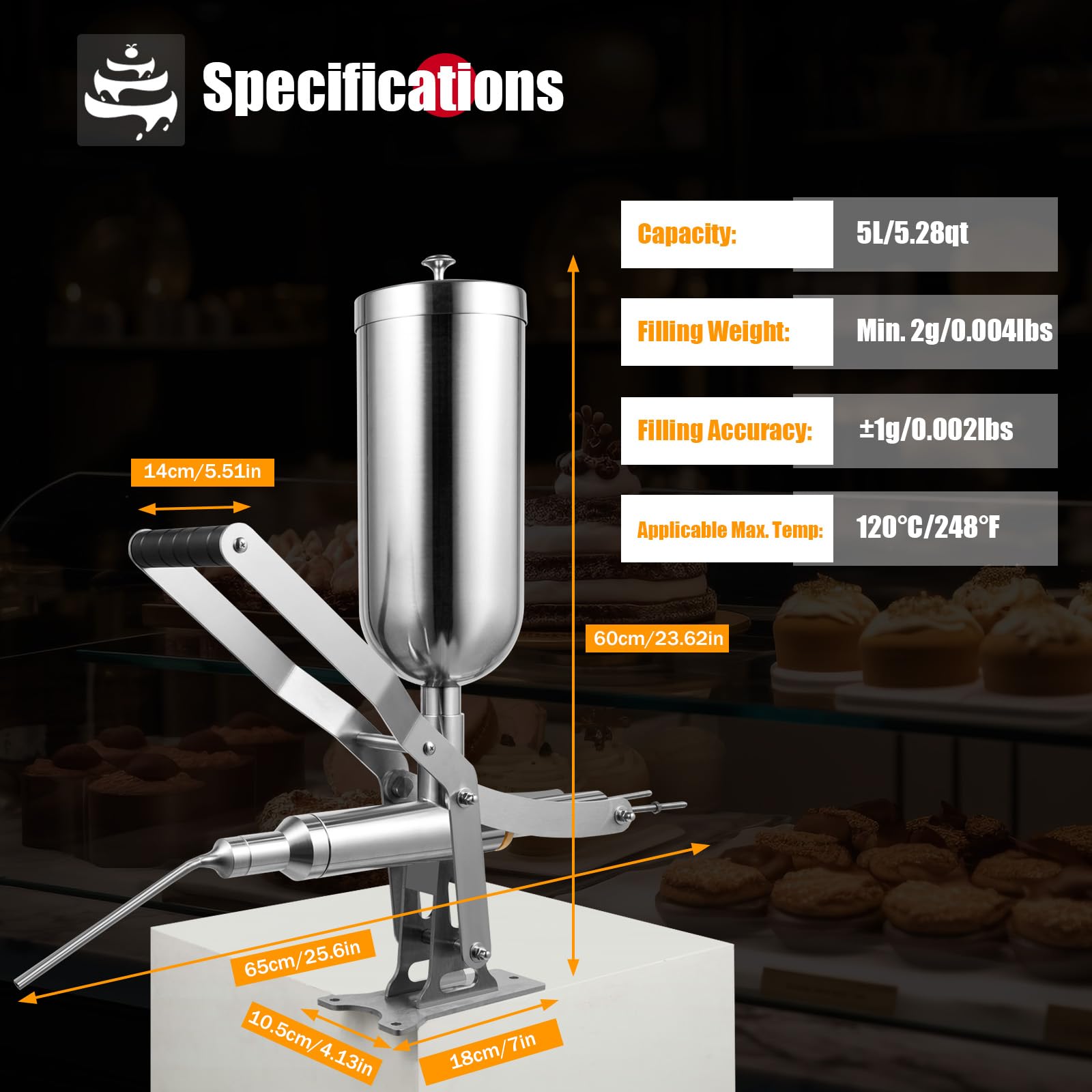**Stainless Steel Manual Churro Filler Machine - 5L Donut Filling Injector with 4 Nozzles for Pastry, Bakery & Restaurant Use - Perfect for Churros, Eclairs & Cream Puffs**