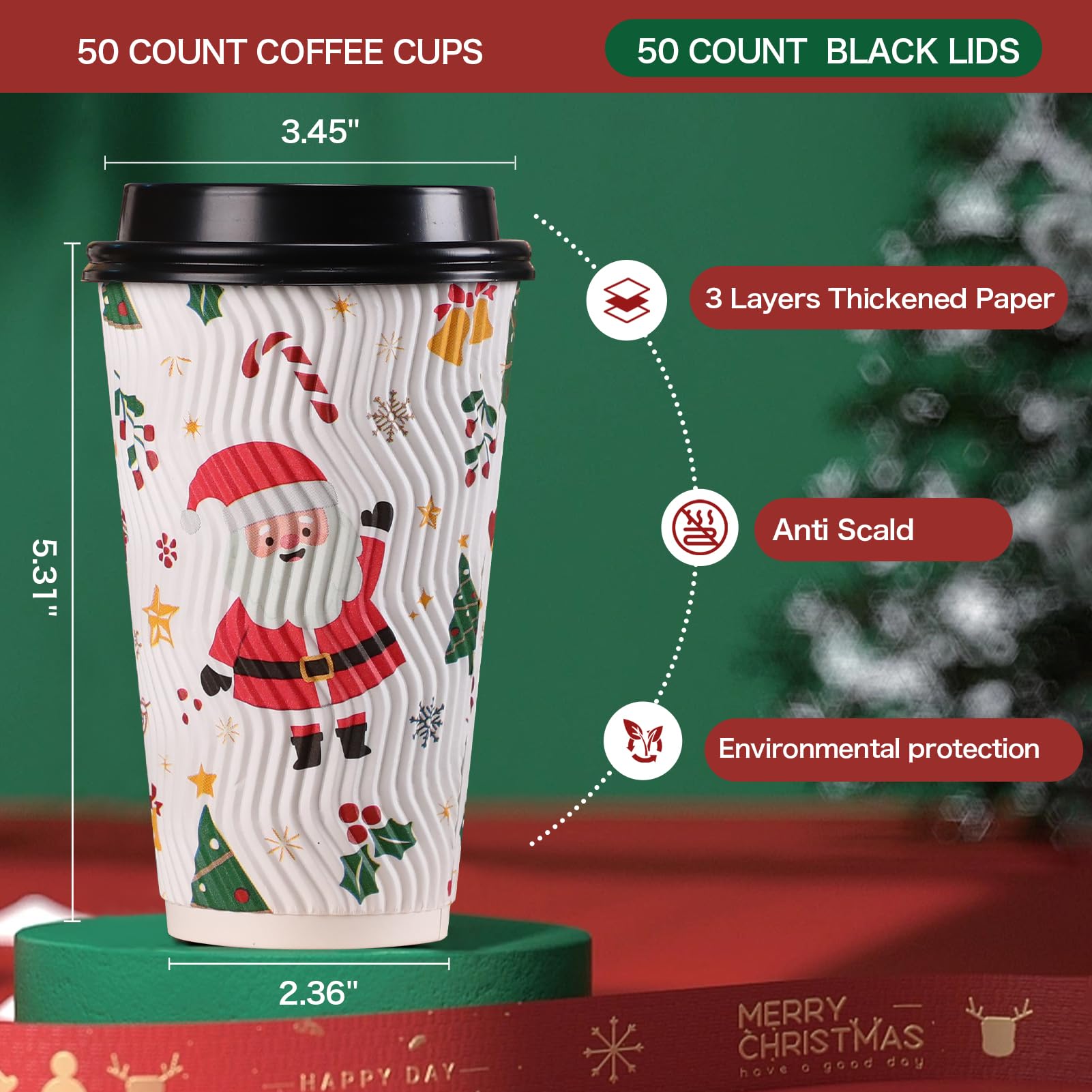 Lamosi 50 Pack - 16 oz Insulated Disposable Christmas Coffee Cups with Lids, Corrugated Ripple Wall Hot Drink Paper Cups for Holiday Parties, Office Events & Christmas Gatherings - Perfect for Hot Cocoa, Coffee & Tea On-The-Go