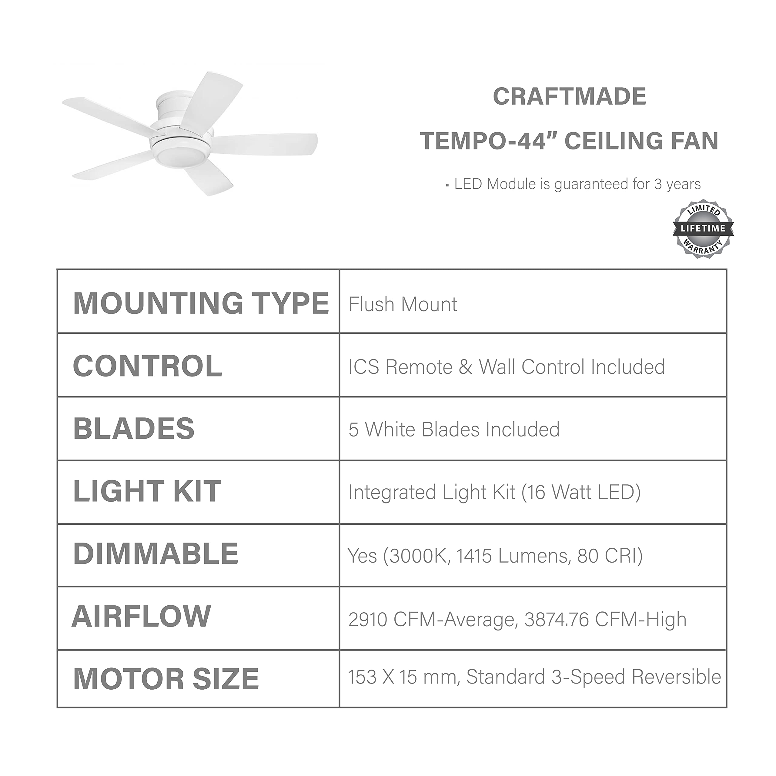 Craftmade 44 Inch White Flush Mount Ceiling Fan with LED Light & Remote Control - Energy Efficient Hugger Fan for Bedroom, Living Room & Office | TMPH44W5 Tempo Model
