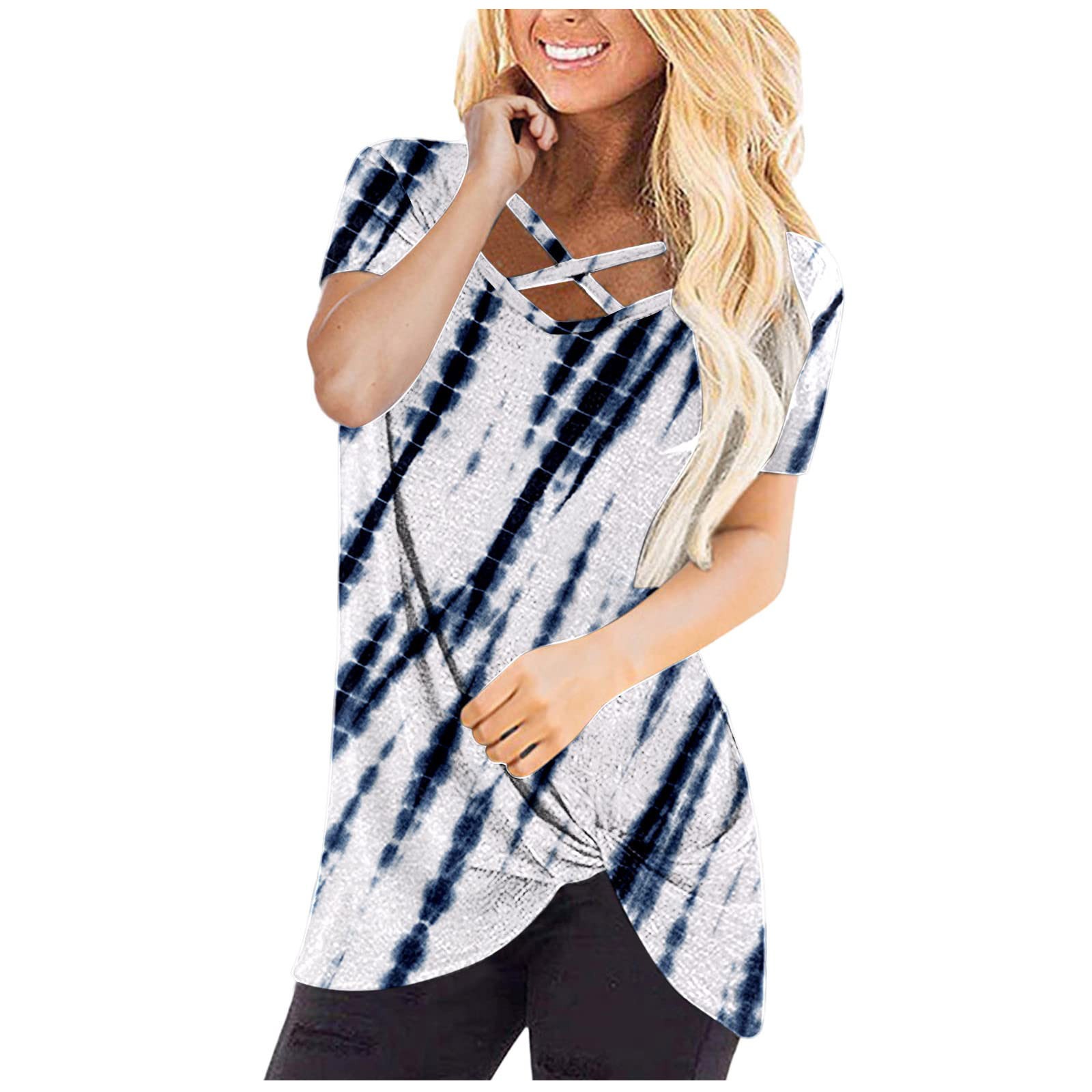 Women's Fashion Gradient Printed V-Neck Short Sleeve T-Shirt - Loose Fit Summer Blouse & Casual Tops for Outing, Beach, Travel