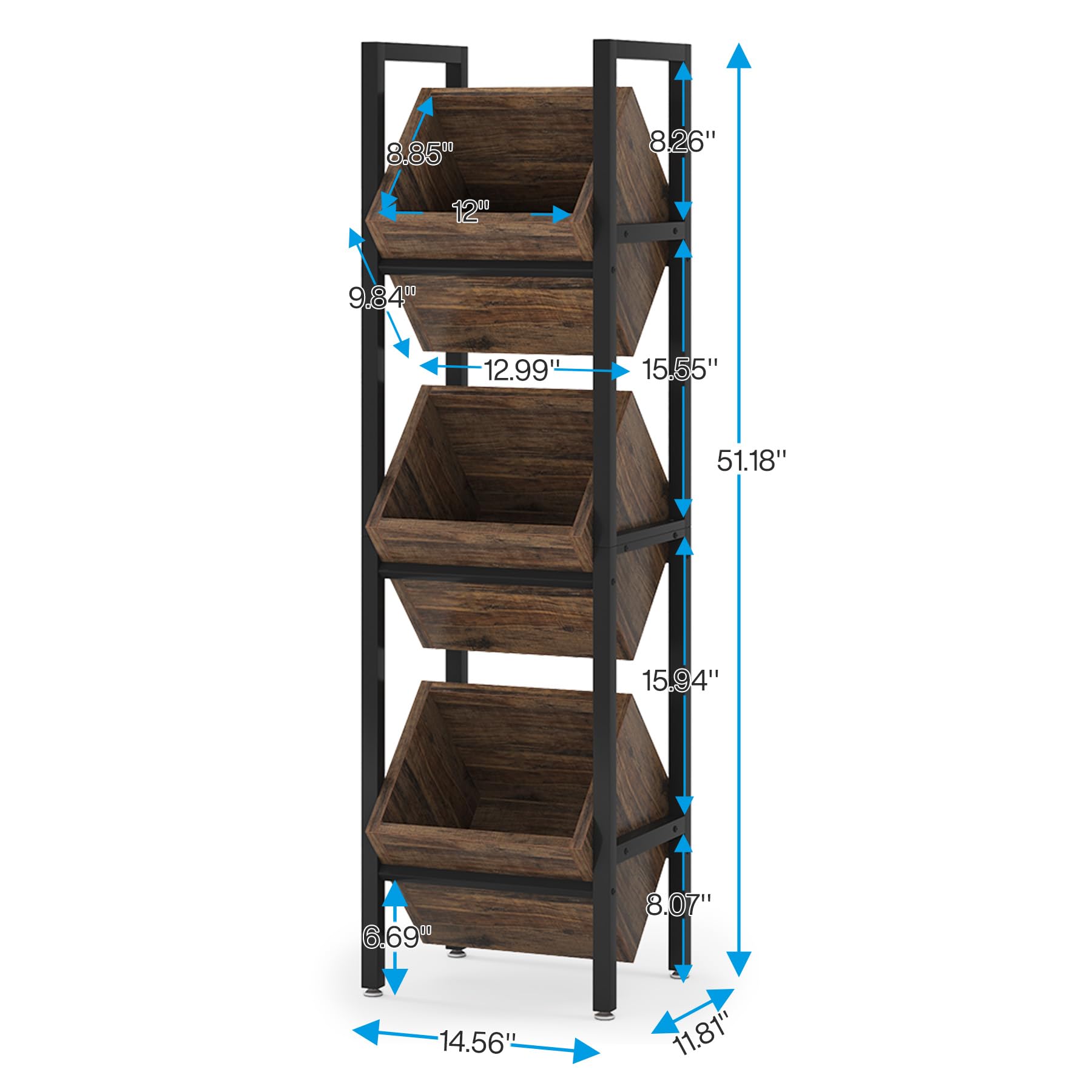 Tribesigns 3-Tier Wooden Basket Stand - Rustic Vertical Storage Organizer with Baskets for Kitchen, Bathroom & Living Room - Perfect for Fruits, Snacks, Towels & Home Decor (Black)