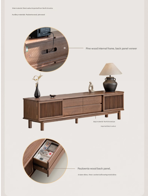 Solid Black Walnut Wood TV Stand - Modern Entertainment Center for Living Room, Bedroom & Home Theater